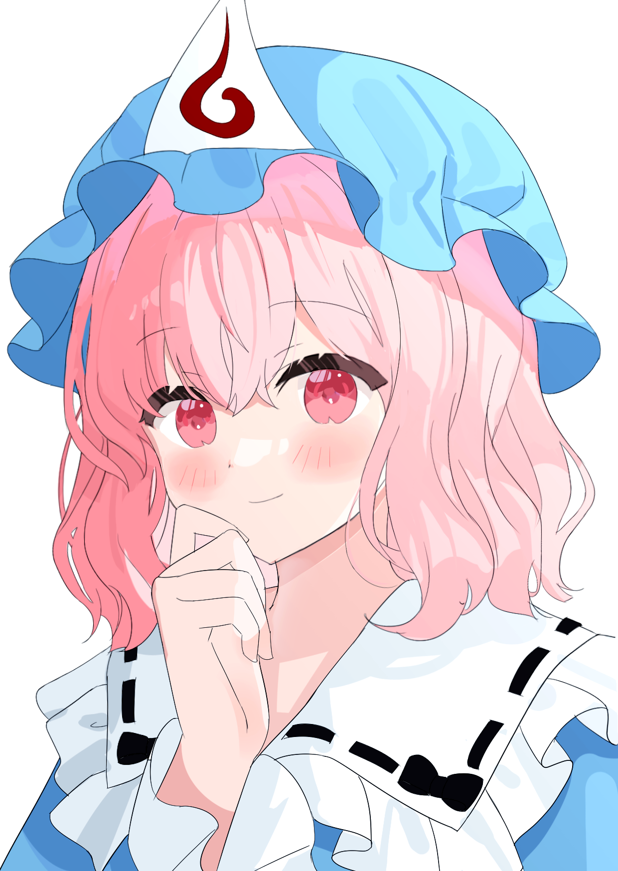 chimi (s2yuyukos2), saigyouji yuyuko, touhou, commentary, highres, 1girl, blue hat, blue kimono, blush, closed mouth, hat, japanese clothes, kimono, long sleeves, looking at viewer, medium hair, mob cap, pink eyes, pink hair, simple background, smile, solo, triangular headpiece, white background, wide sleeves