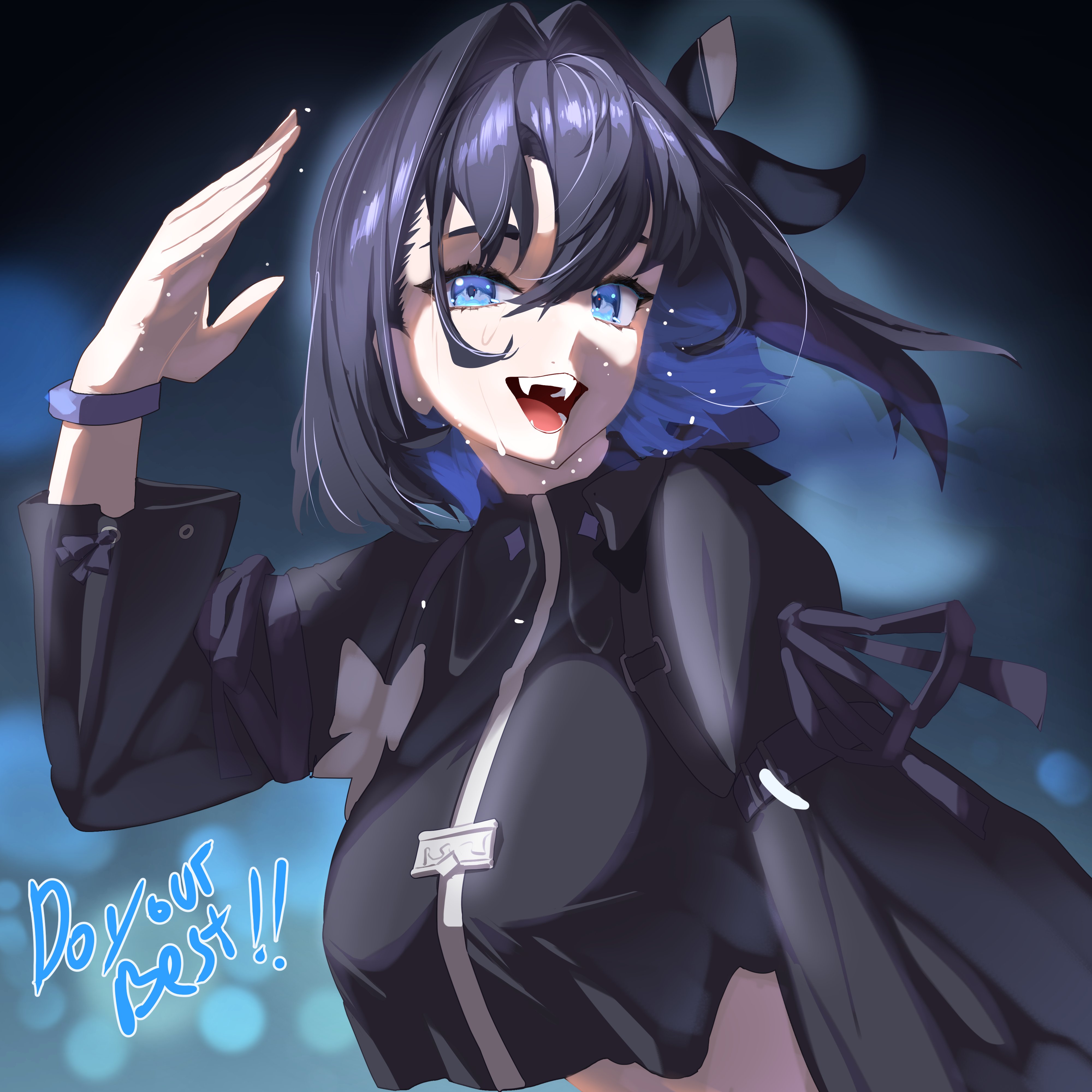 daaku (koizumi arata), ouro kronii, hololive, hololive english, absurdres, highres, 1girl, black hair, black shirt, blue eyes, blue hair, bracelet, breasts, colored inner hair, crop top, fangs, hand up, idol clothes, jewelry, large breasts, looking at viewer, medium hair, multicolored hair, open mouth, shirt, solo, sweat, teeth, virtual youtuber