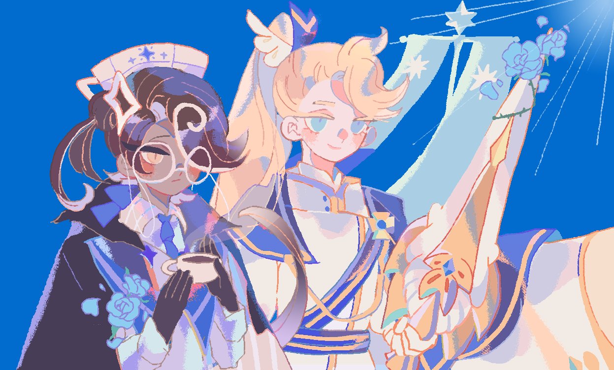 reed, espresso cookie, espresso cookie (classy ceremonial suit), madeleine cookie, madeleine cookie (elegant knight vestments), cookie run, cookie run: kingdom, chinese commentary, commentary request, 2boys, asymmetrical bangs, black gloves, black jacket, blonde hair, blue background, blue cape, blue eyes, blue flower, blue necktie, blue rose, blue sweater, brown hair, cape, closed mouth, coffee, collared jacket, collared shirt, colored eyelashes, cup, dark-skinned male, dark skin, flag, flower, glasses, gloves, gold trim, hair behind ear, hair over one eye, hat, high ponytail, holding, holding cup, holding sword, holding weapon, jacket, long hair, long sleeves, looking ahead, male focus, multicolored hair, multiple boys, necktie, official alternate costume, official alternate hairstyle, one eye covered, open clothes, open jacket, pale skin, ponytail, rose, round eyewear, shirt, short hair, simple background, smile, star (symbol), streaked hair, sweater, sword, two-tone hair, upper body, weapon, white-framed eyewear, white gloves, white hair, white hat, white jacket, white shirt, yellow eyes