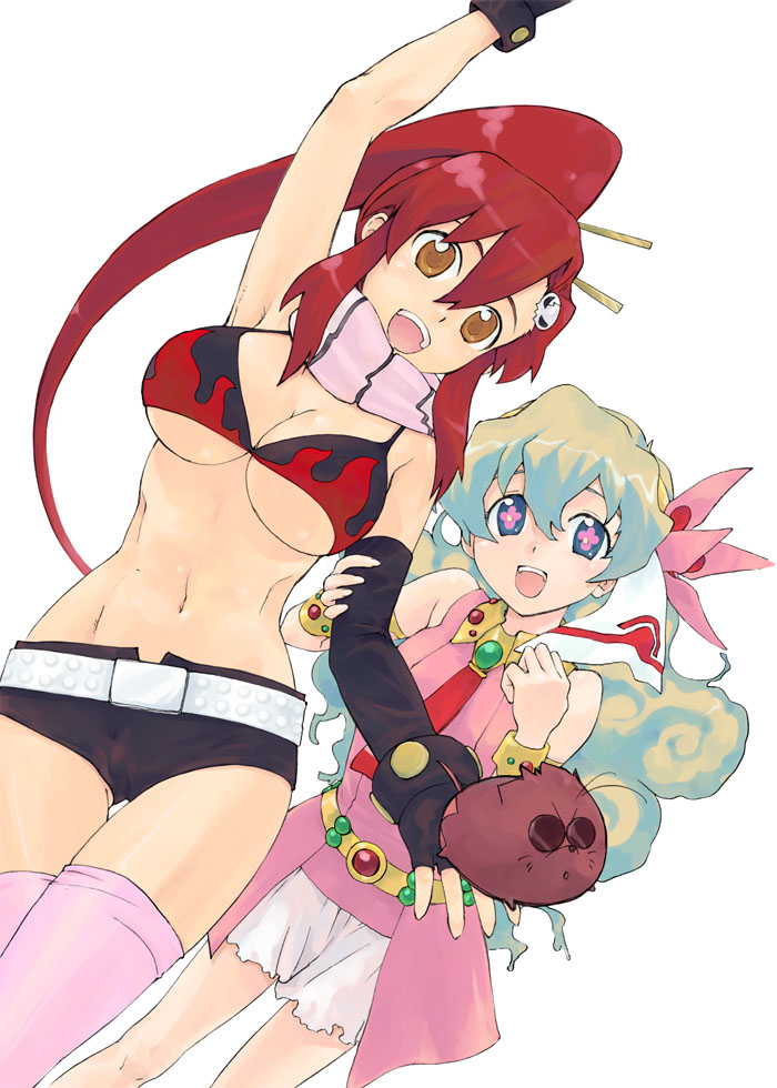 boota (ttgl), nia teppelin, yoko littner, tengen toppa gurren lagann, 00s, 2girls, arm up, bikini, bikini top only, breasts, dutch angle, fingerless gloves, gloves, hair ornament, high ponytail, large breasts, long hair, multiple girls, navel, open mouth, ponytail, red hair, short shorts, shorts, simple background, skull hair ornament, swimsuit, thighhighs, underboob, white background