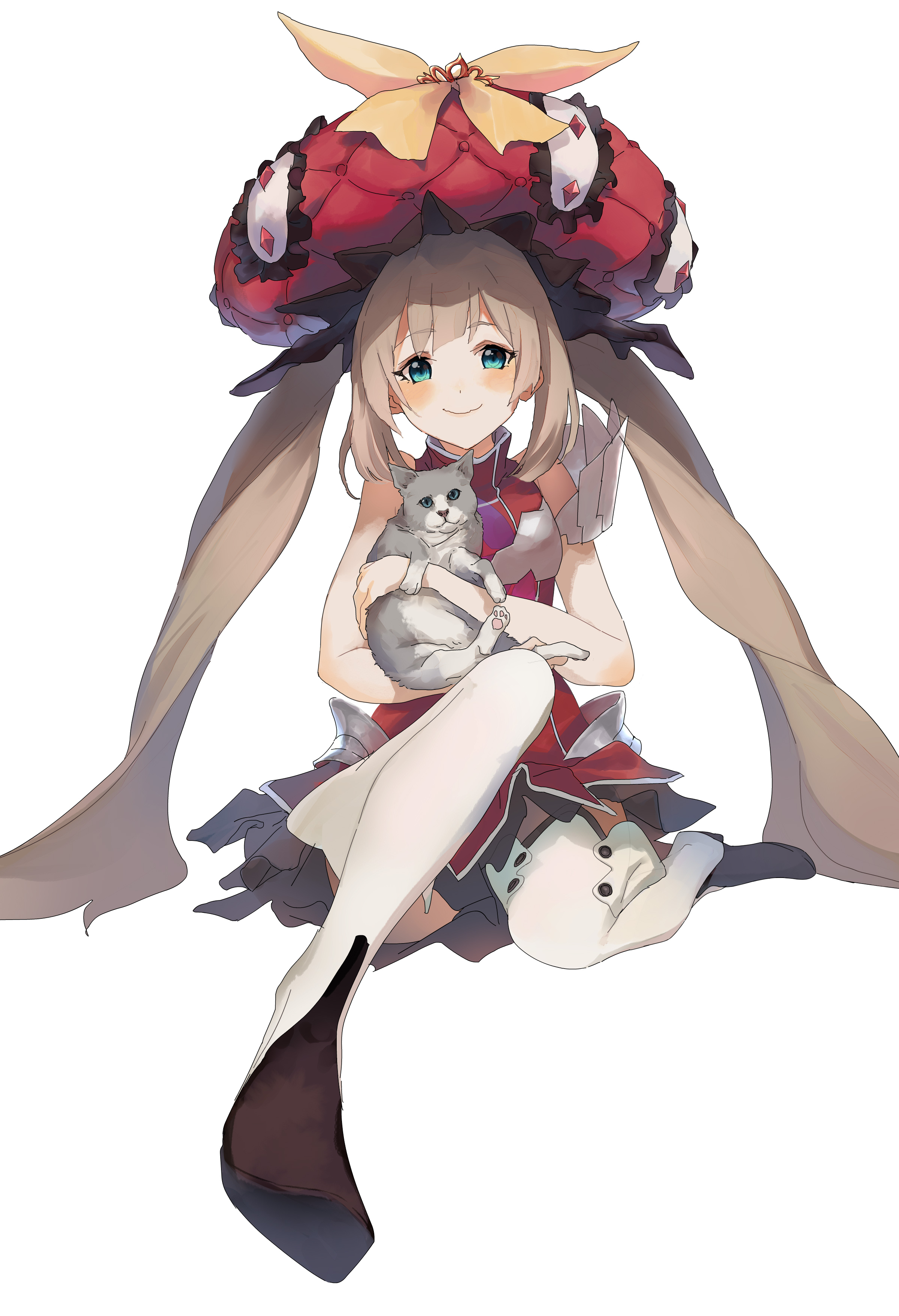 to kage, marie antoinette (fate), fate/grand order, fate (series), absurdres, highres, 1girl, animal, blonde hair, cat, closed mouth, full body, hat, holding, holding animal, holding cat, long hair, looking at viewer, simple background, skirt, smile, solo, twintails, white background