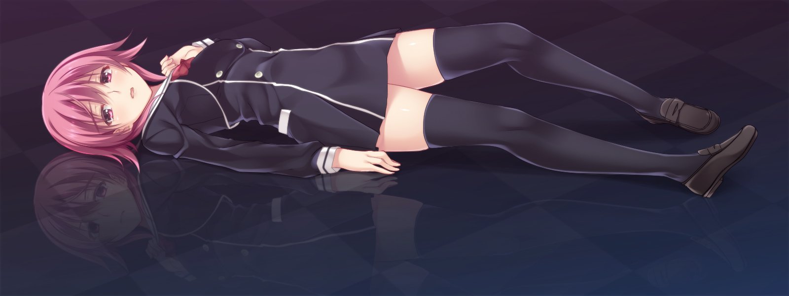 imachireki, onoe serika, chaos;child, science adventure, highres, tagme, 1girl, black shoes, black thighhighs, breasts, cropped jacket, dress vest, hekiho academy school uniform, loafers, long sleeves, medium breasts, miniskirt, pink eyes, pink hair, sailor collar, sailor shirt, school uniform, shirt, shoes, short hair, short hair with long locks, skirt, solo, thighhighs, zettai ryouiki