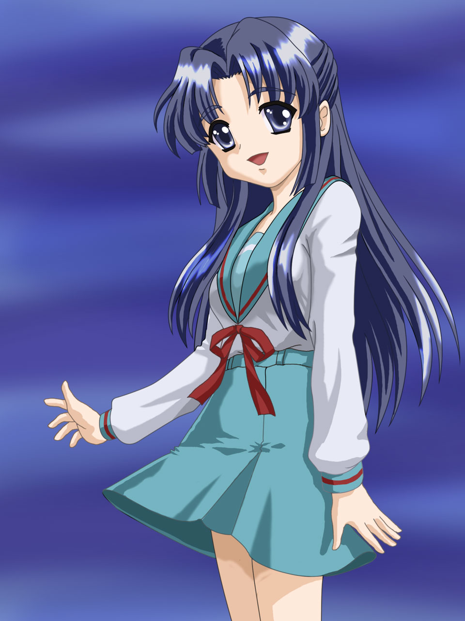 asakura ryoko, suzumiya haruhi no yuuutsu, highres, tagme, 00s, 1girl, female focus, gradient background, school uniform, serafuku, solo