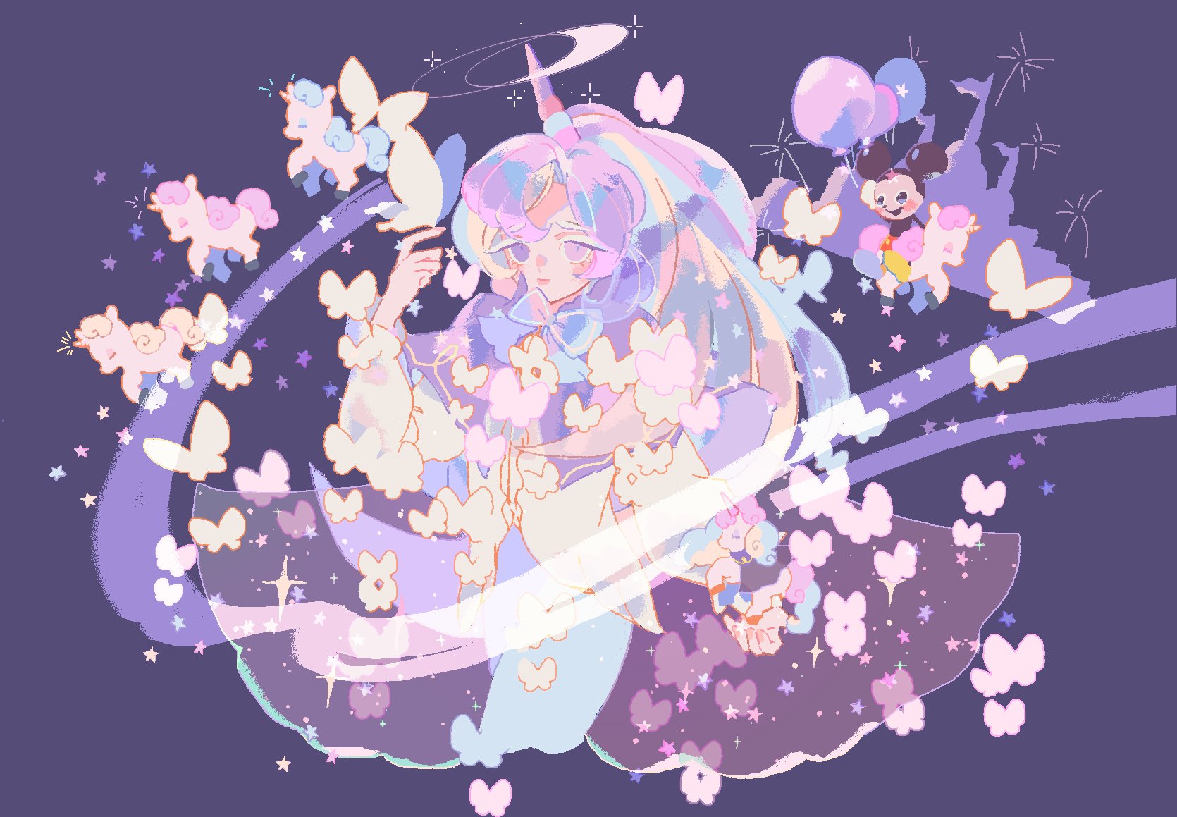 reed, cream unicorn cookie, mickey mouse, cookie run, cookie run: kingdom, disney, mickey mouse & friends, commentary, highres, symbol-only commentary, 1boy, 1other, arm at side, balloon, blonde hair, blue bow, blue bowtie, blue hair, blue leggings, bow, bowtie, bug, butterfly, butterfly on hand, capelet, castle, center frills, colored eyelashes, cropped legs, frilled sleeves, frills, hand up, heterochromia, high ponytail, holding, holding balloon, horns, humanization, insect, leggings, long hair, long sleeves, looking at animal, multicolored hair, other focus, pale skin, pink eyes, ponytail, puffy long sleeves, puffy sleeves, purple background, purple capelet, purple eyes, purple hair, see-through clothes, see-through veil, shirt, simple background, single horn, solo focus, sparkle, star (symbol), streaked hair, unicorn, unicorn horn, veil, very long hair, white butterfly, white eyelashes, white shirt
