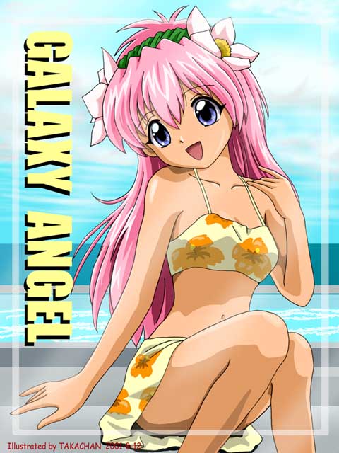 takachan, milfeulle sakuraba, galaxy angel, tagme, 00s, 1girl, artist name, bikini, bikini skirt, cloud, copyright name, dated, female focus, floral print, flower, hair flower, hair ornament, happy, long hair, sky, smile, solo, swimsuit