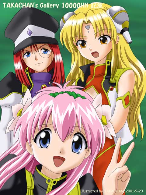 forte stollen, milfeulle sakuraba, ranpha franboise, galaxy angel, tagme, 00s, 3girls, artist name, blonde hair, blue eyes, brown eyes, dated, hat, long hair, looking at viewer, monocle, multiple girls, open mouth, peaked cap, pink hair, red hair, v
