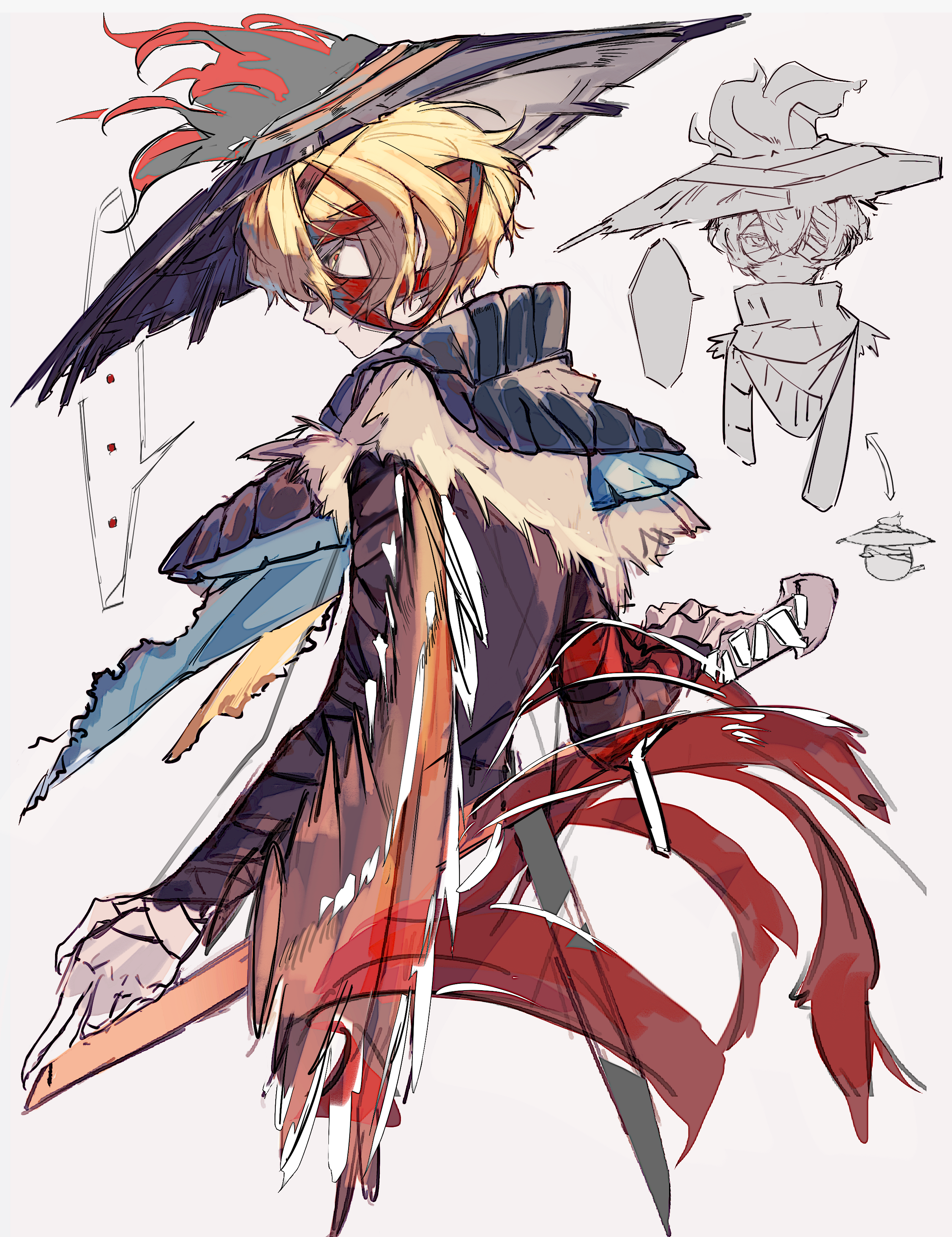 sinclair (project moon), limbus company, project moon, absurdres, chinese commentary, highres, …, 1boy, bandage on face, bandaged arm, bandages, blonde hair, cloak, doodle inset, feathers, from side, grey background, hat, hat feather, heishou pack-you branch (identity) (project moon), holding, holding weapon, male focus, nianzunjiu, rice hat, scarf, short hair, speech bubble, upper body, weapon, winged arms, wings