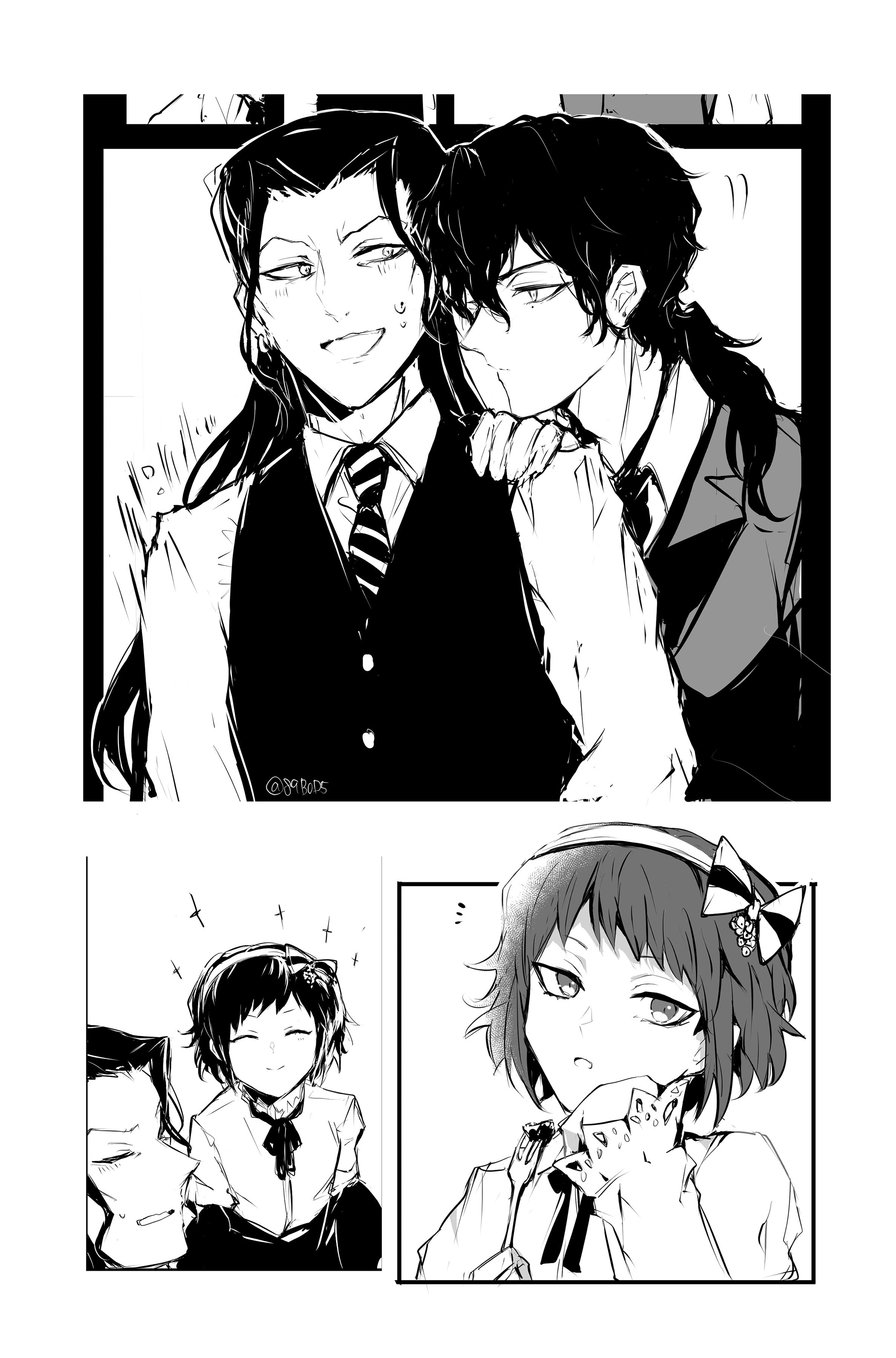 sodamachi, road kamelot, tyki mikk, d.gray-man, absurdres, highres, 1girl, 2boys, black hair, bow, closed eyes, collared shirt, earrings, facing another, facing viewer, fork, formal clothes, greyscale, hair between eyes, hair bow, hairband, hand on another's shoulder, hand on own chin, head tilt, holding, holding fork, hoop earrings, jewelry, long hair, looking at another, looking at viewer, low ponytail, mature male, mole, mole under eye, monochrome, multiple boys, neckerchief, necktie, noah (d.gray-man), open mouth, parted lips, ponytail, ribbon, sheril kamelot, shirt, short hair, sidelocks, smile, striped necktie, stud earrings, suit, surprised, sweat, sweatdrop, vest, wavy hair