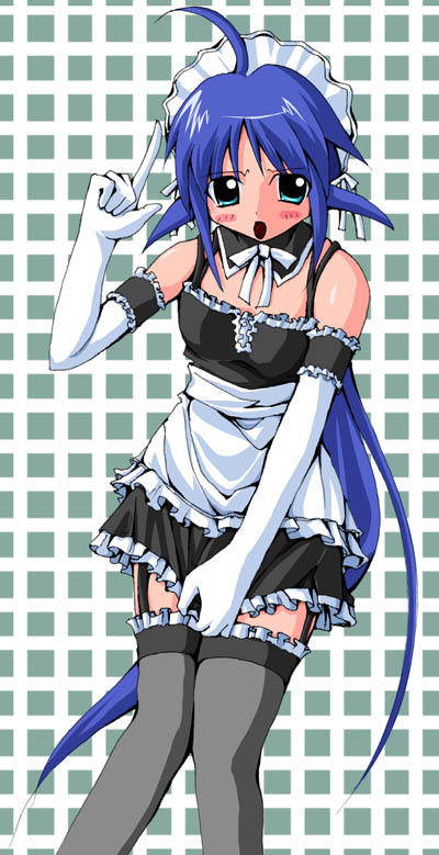 lin-x, andou mahoro, kore ga watashi no goshujin-sama, mahoromatic, 1girl, ahoge, apron, bare shoulders, black thighhighs, blue hair, blush, cosplay, crossover, detached collar, dot nose, dress, dress tug, elbow gloves, embarrassed, facing viewer, feet out of frame, female focus, garter straps, gloves, green eyes, index finger raised, long hair, looking at viewer, maid, maid headdress, nakabayashi yoshitaka's maid uniform, no bra, solo, standing, talking, thighhighs, very long hair, waist apron, white gloves, zettai ryouiki