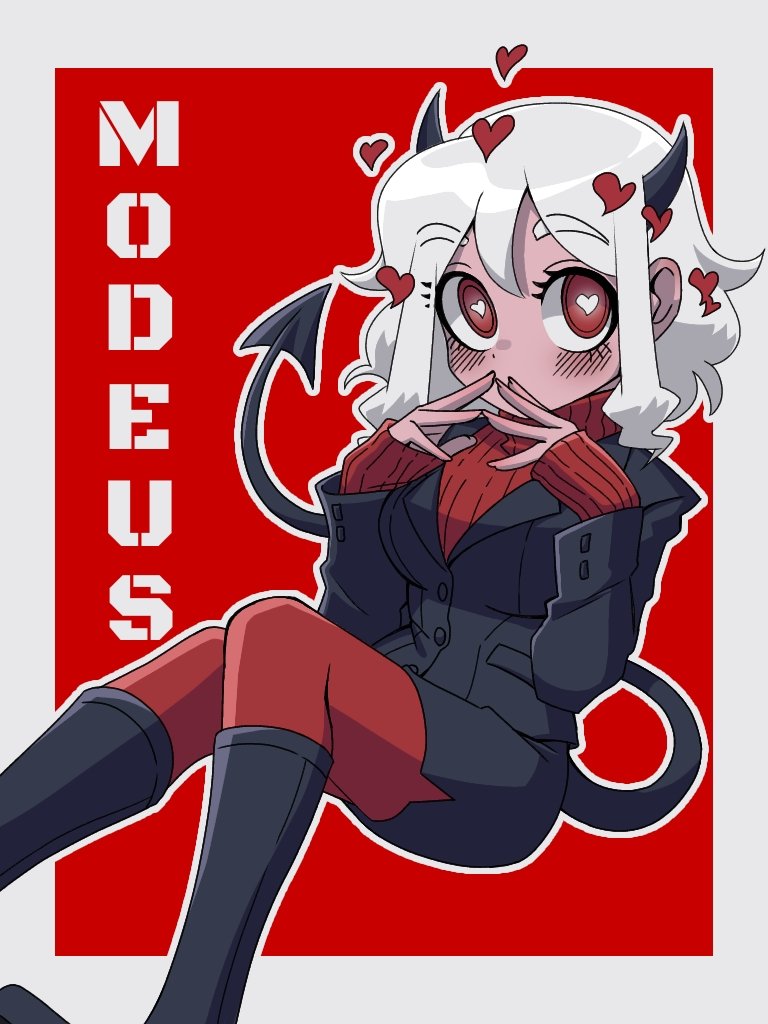 zabalam inana, modeus (helltaker), helltaker, commentary request, 1girl, black boots, black jacket, black skirt, black tail, boots, border, character name, demon girl, demon tail, dot nose, heart, heart-shaped pupils, horns, jacket, knee boots, looking at viewer, outline, outside border, pantyhose, red background, red eyes, red pantyhose, red sweater, skirt, solo, suit jacket, sweater, symbol-shaped pupils, tail, white border, white hair, white outline