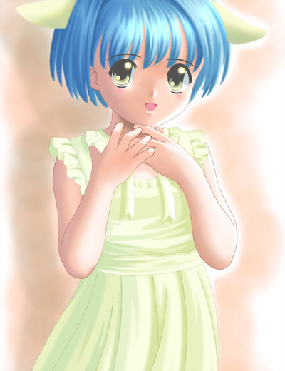 mint blancmanche, galaxy angel, tagme, 00s, 1girl, animal ears, blue hair, dress, female focus, looking at viewer, short hair, simple background, solo, yellow eyes