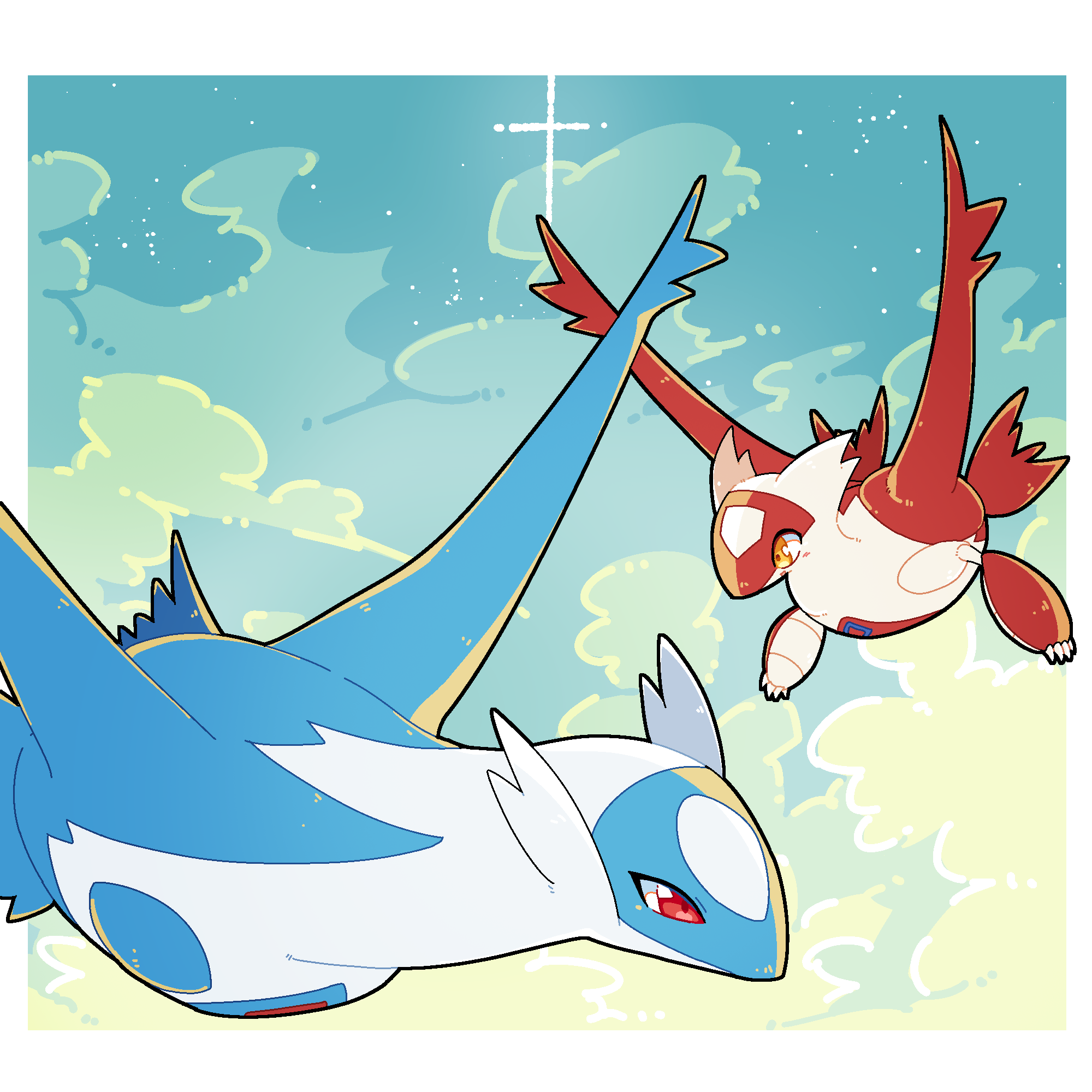 ohayou milk, latias, latios, nintendo, pokemon, commentary request, highres, cloud, dragon, flying, gen 3 pokemon, legendary pokemon, no humans, pokemon (creature), pokemon focus, red eyes, sky, wings, yellow eyes