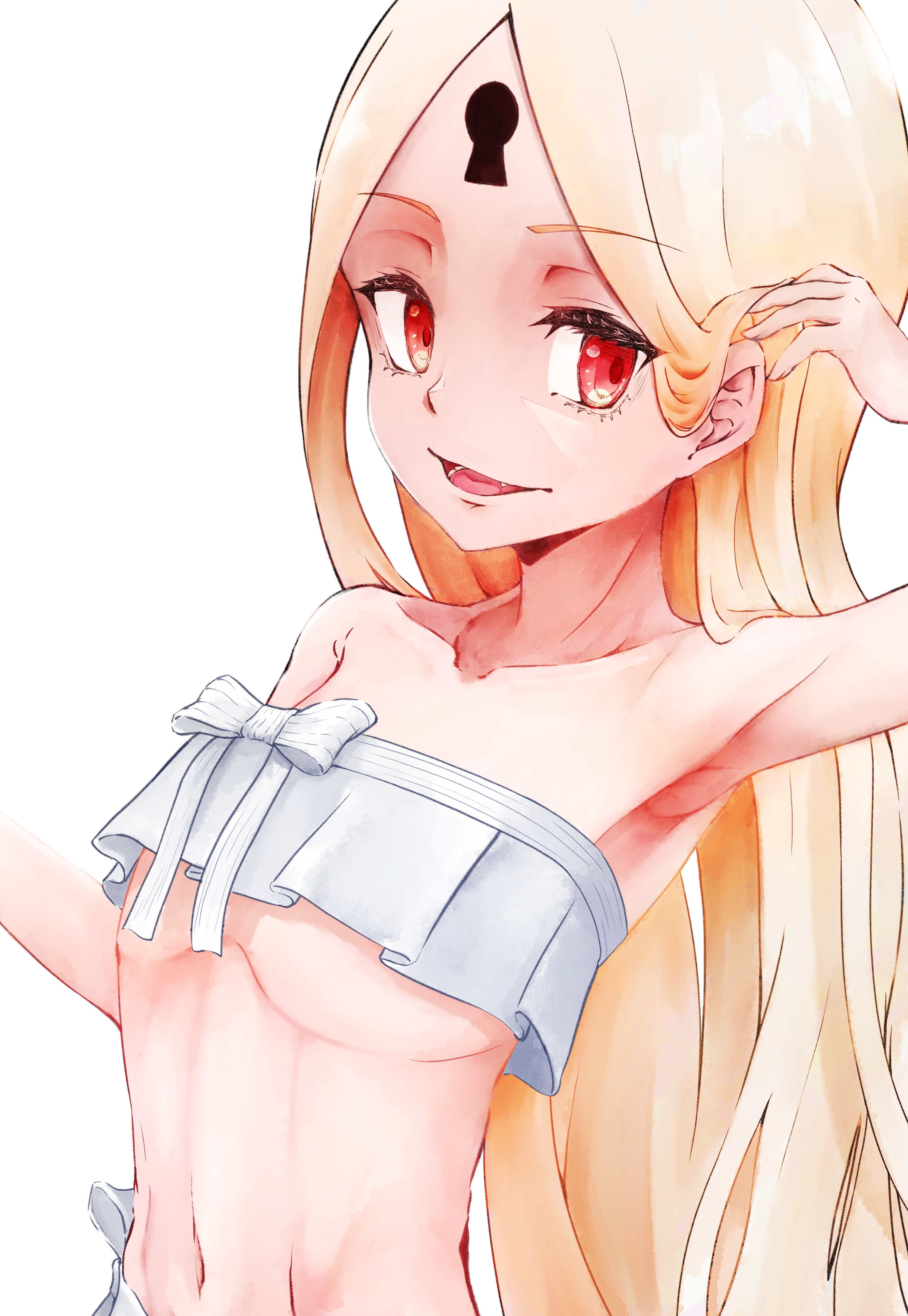 mt (mt 203), abigail williams (fate), abigail williams (swimsuit foreigner) (third ascension) (fate), fate/grand order, fate (series), abigail williams (swimsuit foreigner) (fate), absurdres, highres, 1girl, armpits, bare shoulders, bikini, blonde hair, breasts, forehead, keyhole, long hair, looking at viewer, navel, open mouth, parted bangs, red eyes, small breasts, smile, solo, swimsuit, white bikini