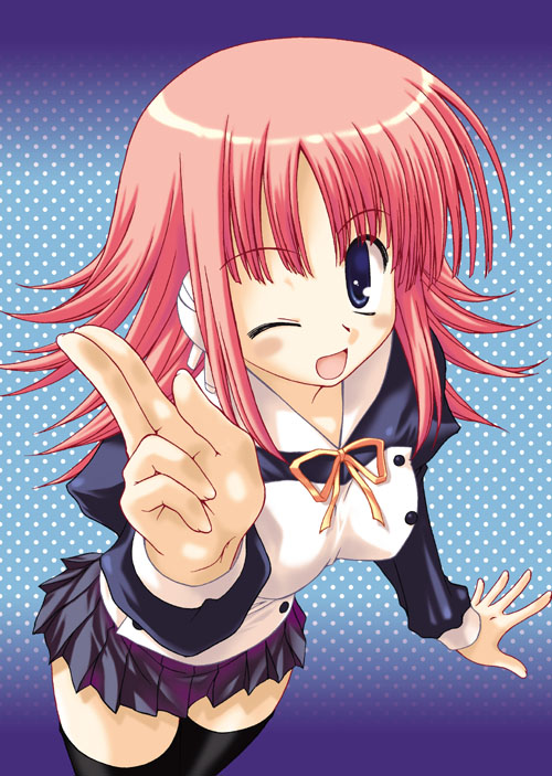 artist request, character request, copyright request, tagme, 1girl, blue eyes, bow, female focus, one eye closed, pink hair, school uniform, serafuku, solo, thighhighs, wink