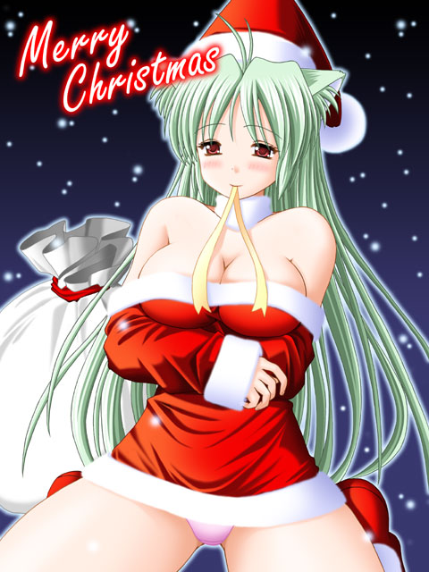 keito, animal ears, breast press, breasts, cat ears, christmas, cleavage, green hair, hat, large breasts, long hair, mouth hold, night, panties, pantyshot, red eyes, ribbon, santa costume, santa hat, star (symbol), underwear
