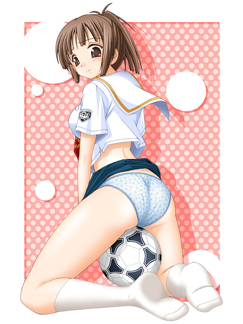 keito, sakino asuka, kimi kiss, tagme, 1girl, ball, female focus, kneeling, panties, ponytail, school uniform, serafuku, soccer ball, socks, solo, underwear, white socks