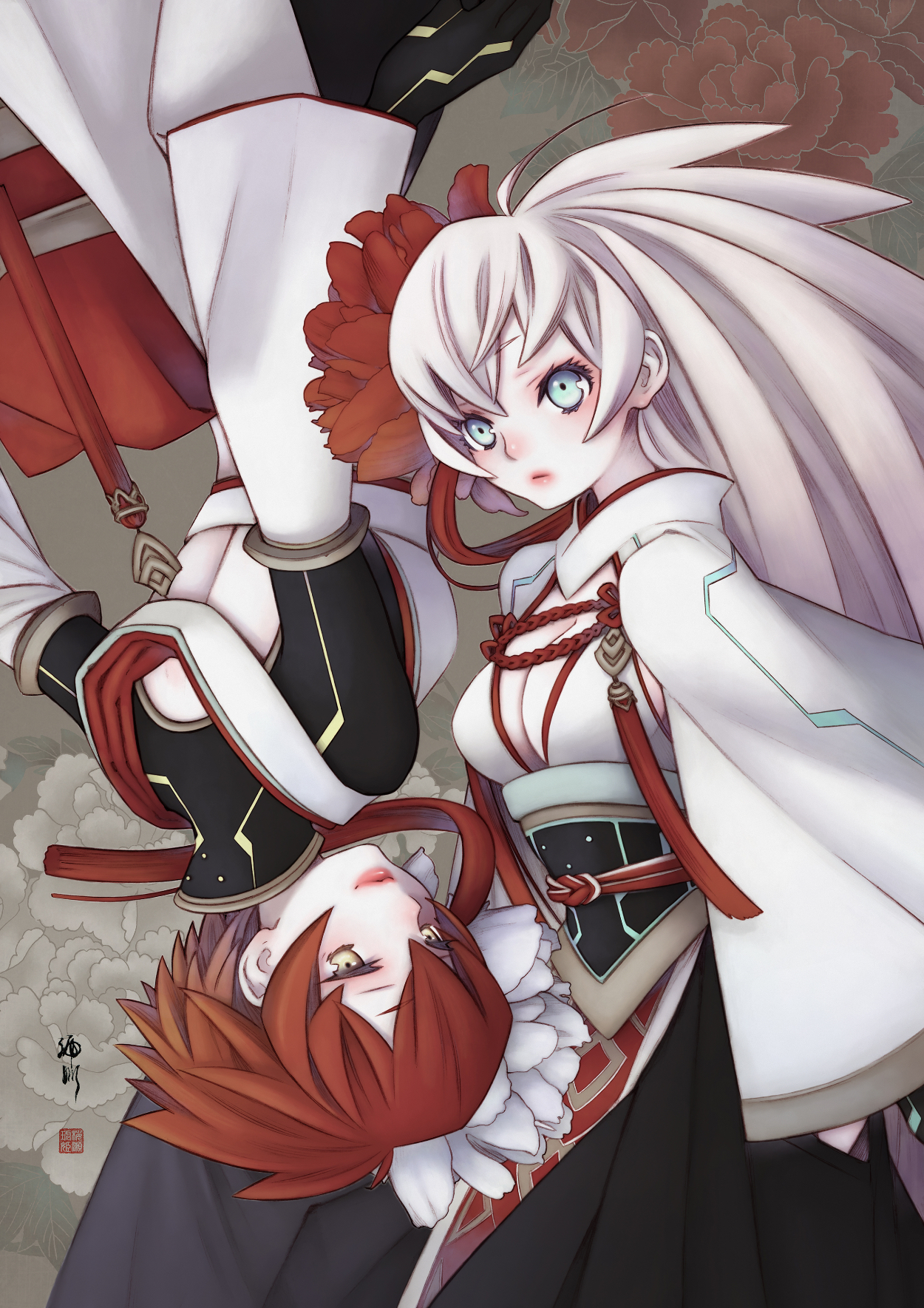 ohse kohime, ardjet, nephtis, zone of the enders, zone of the enders 2, highres, 2girls, blue eyes, breasts, cleavage, closed mouth, flower, hair flower, hair ornament, humanization, japanese clothes, lips, long hair, looking at viewer, multiple girls, red hair, short hair, smile, white hair