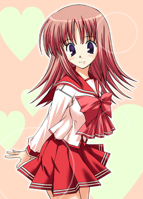 milfa (to heart), to heart, to heart (series), to heart 2, red neckwear, artist request, 00s, 1girl, :3, blush, bow, bowtie, heart, heart background, long hair, long sleeves, looking at viewer, pink background, pink hair, purple eyes, red skirt, school uniform, serafuku, shirt, skirt, smile, standing, white shirt