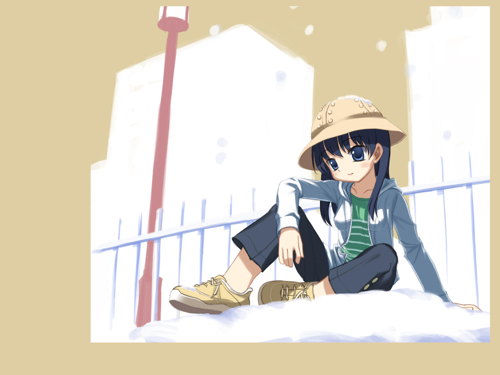 sai gakai, highres, tagme, 1girl, blue eyes, blue hair, blush, hat, long hair, sitting, smile, snow, snowing, winter