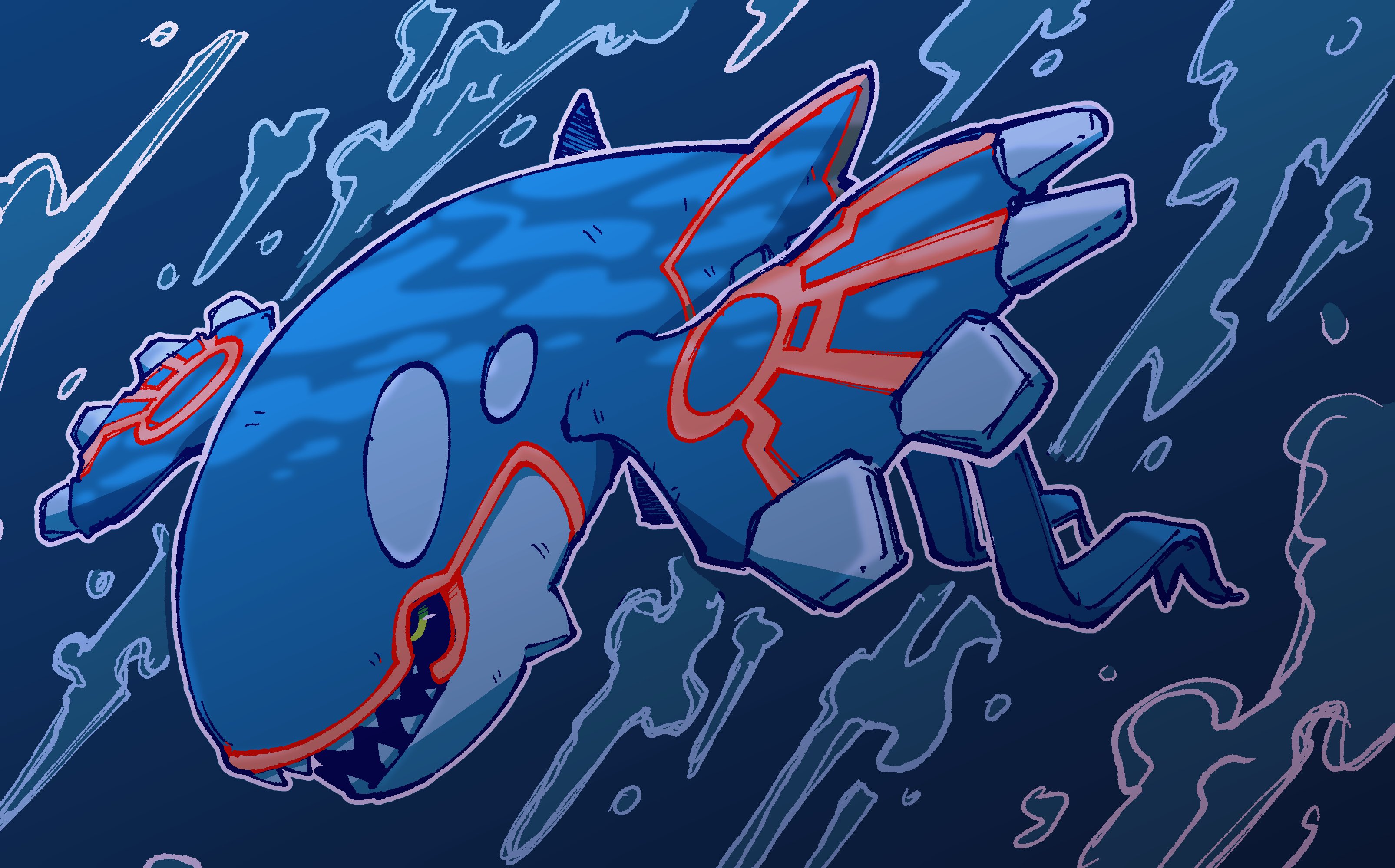 pr quote, kyogre, nintendo, pokemon, absurdres, commentary, english commentary, highres, full body, gen 3 pokemon, legendary pokemon, no humans, open mouth, pokemon (creature), pokemon focus, sharp teeth, solo, teeth, underwater