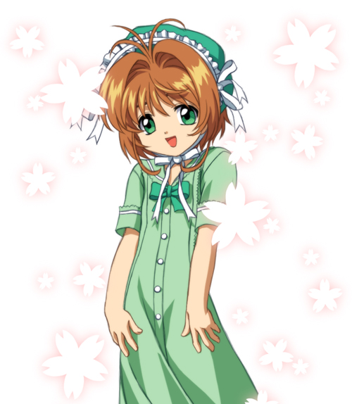 sai gakai, kinomoto sakura, cardcaptor sakura, tagme, 1990s (style), 1girl, brown hair, child, frilled hat, frills, green eyes, happy, hat, looking at viewer, retro artstyle, short hair, smile