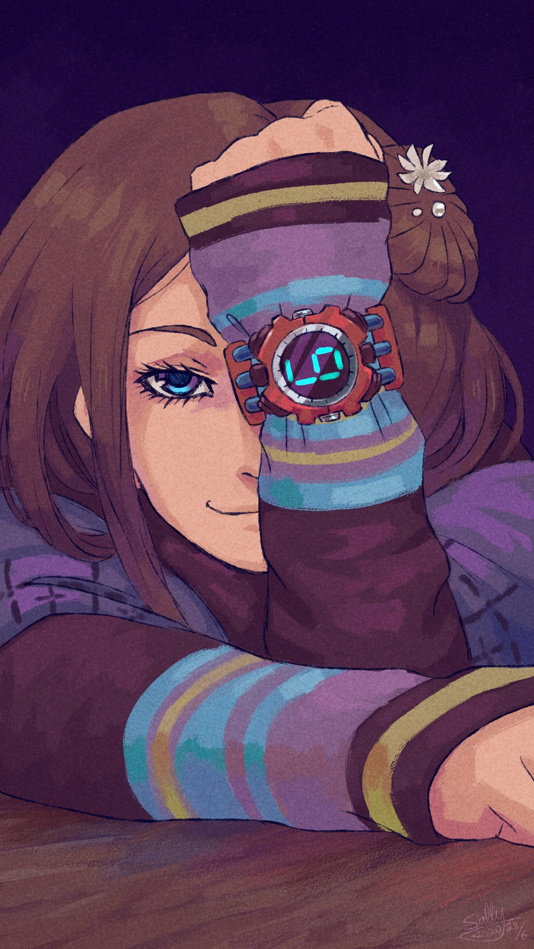 sigmacatdilemma, kurashiki akane, kyokugen dasshutsu, kyokugen dasshutsu: 9 jikan 9 nin 9 no tobira, commentary, english commentary, highres, 1girl, brown hair, clenched hand, closed mouth, eyelashes, flower, hair bun, hair flower, hair ornament, long sleeves, looking at viewer, one eye covered, seven-segment display, single side bun, smile, solo, watch, white flower, wristwatch
