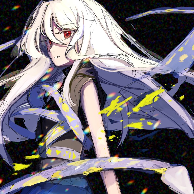 uzumibi, yuiman asama, fossilized wonders, touhou, 1girl, black background, black dress, blue dress, dress, grey hair, hair between eyes, long hair, long hair between eyes, looking at viewer, parted lips, play button, red eyes, ribbon around body, snake, solo, teeth, two-tone dress, upper body