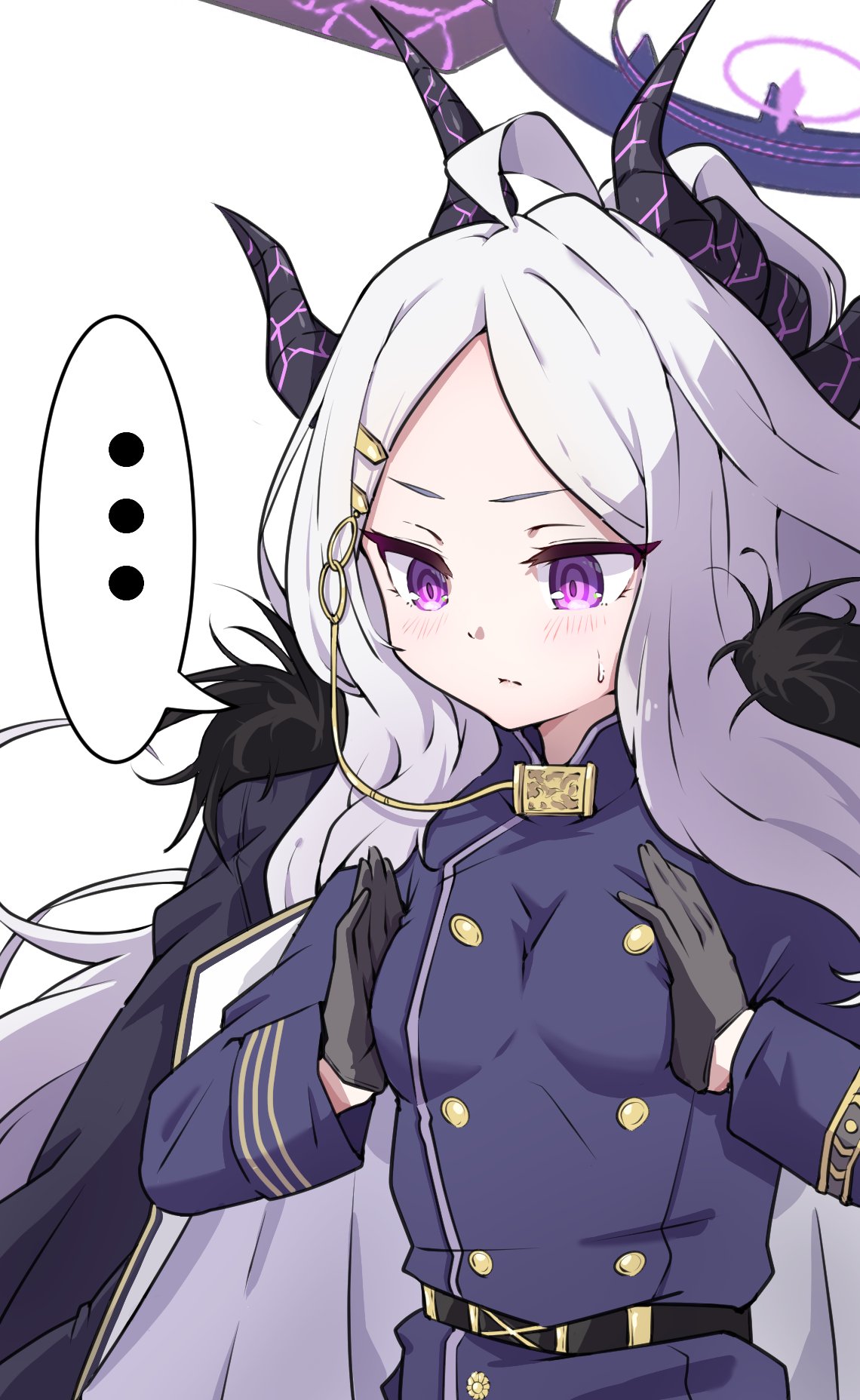 mosuke1221, blue archive, highres, 1girl, ahoge, black coat, black gloves, black halo, breasts, coat, coat on shoulders, demon girl, demon horns, gloves, halo, horns, long hair, purple eyes, simple background, small breasts, solo, very long hair, white background, white hair