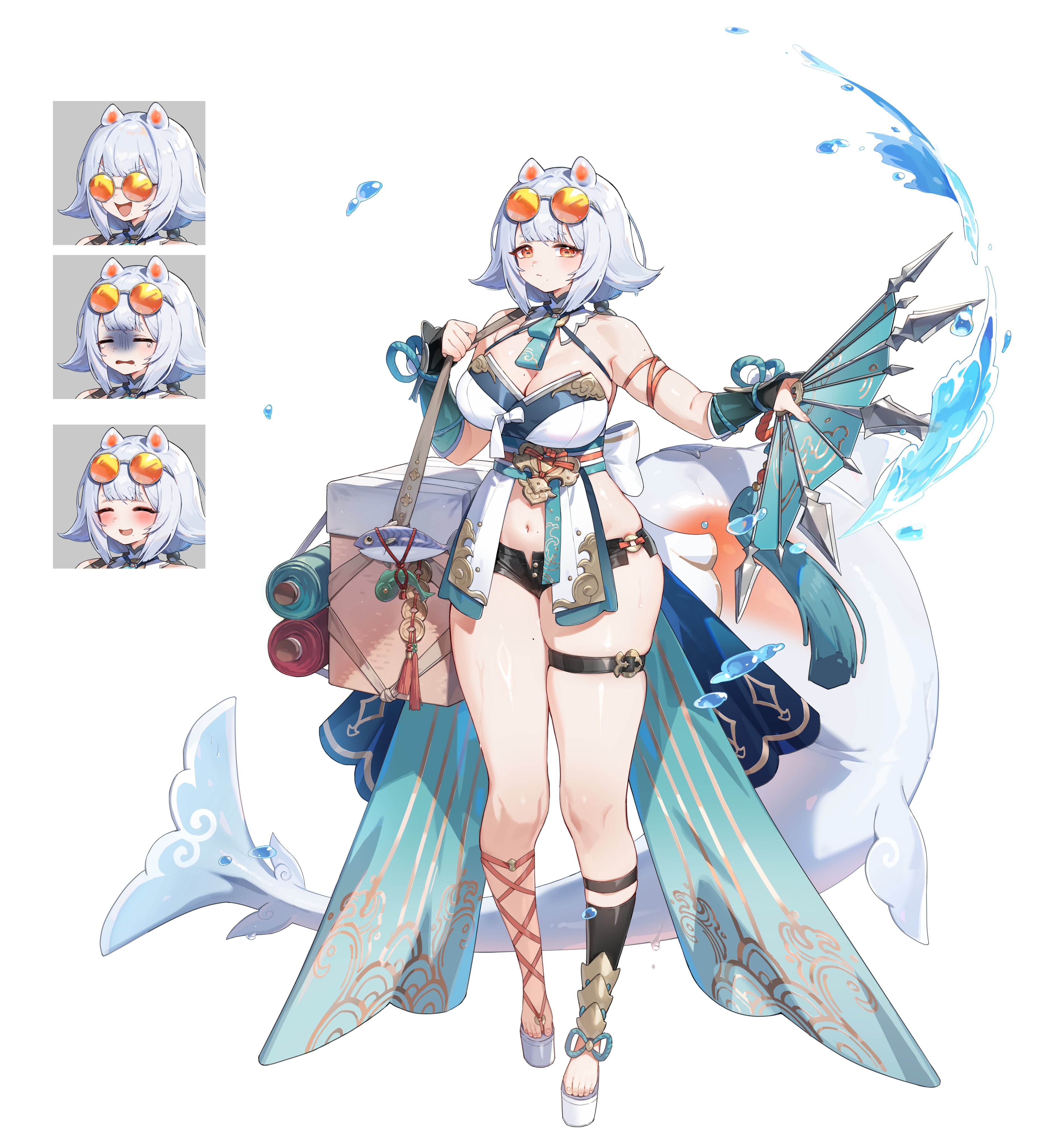 nabezuru, original, absurdres, highres, 1girl, breasts, cetacean tail, chart, cleavage, curvy, dorsal fin, expression chart, eyewear on head, fins, fish tail, full body, glasses, large breasts, multiple expressions, navel, open-toe shoes, sad, skindentation, smile, sunglasses, tail, thick arms, thick thighs, thigh strap, thighs, tinted eyewear, water
