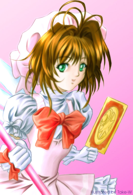 clow card, kinomoto sakura, cardcaptor sakura, 1990s (style), 1girl, bow, brown hair, card, child, fuuin no tsue, gradient background, green eyes, looking at viewer, retro artstyle, short hair, simple background, smile, staff