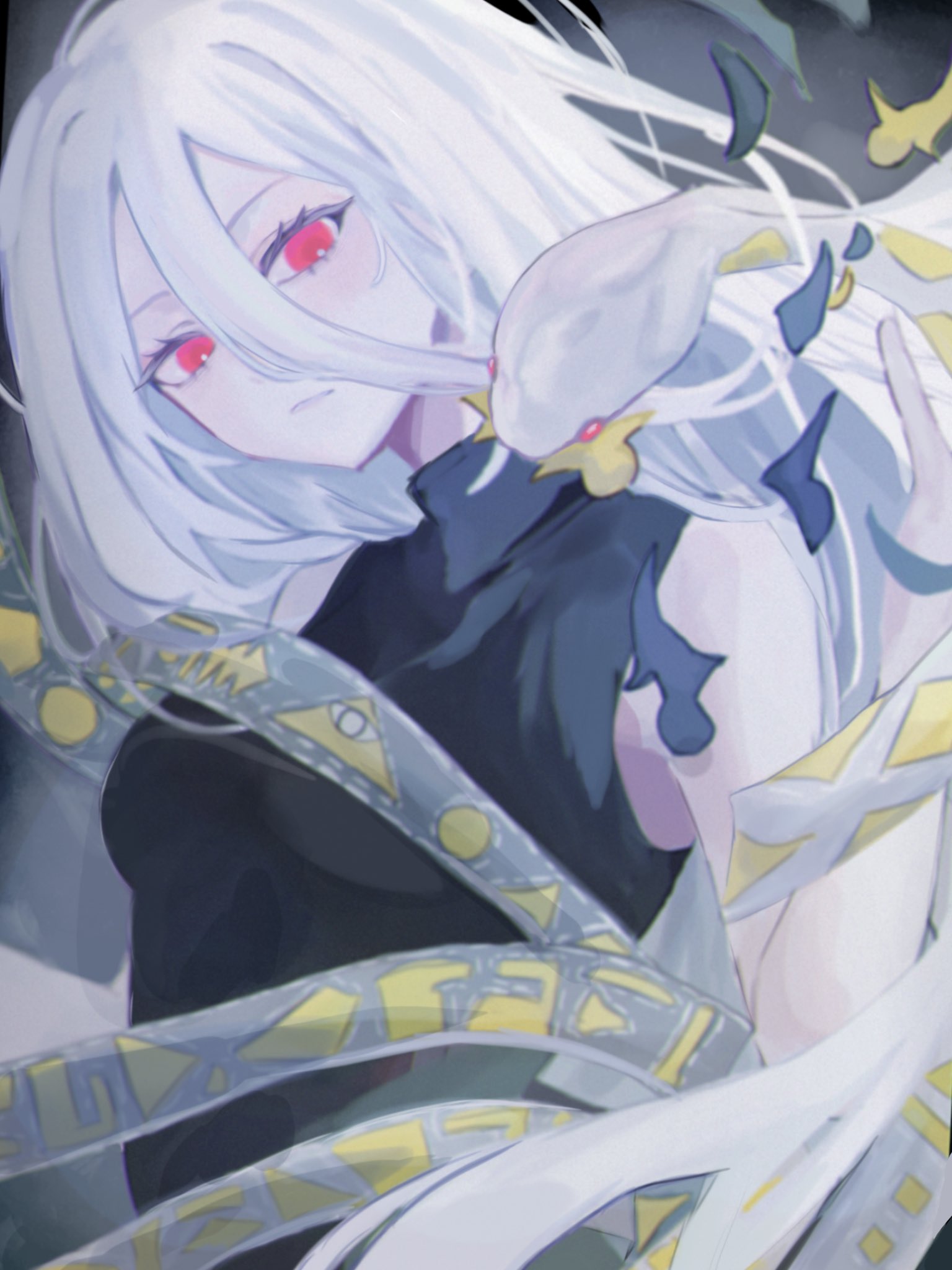 yuiman asama, fossilized wonders, touhou, highres, 1girl, black dress, breasts, dress, eye of providence, grey hair, hair between eyes, hand up, hoshihina178, long hair, long hair between eyes, looking at viewer, parted lips, play button, red eyes, ribbon around body, sleeveless, sleeveless dress, snake, solo, upper body