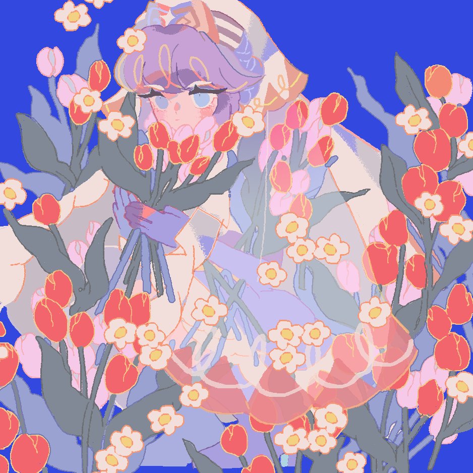 reed, pastry cookie, cookie run, cookie run: kingdom, commentary, symbol-only commentary, 1girl, blonde hair, blue background, blue dress, blue eyes, bouquet, closed mouth, cropped legs, dress, expressionless, flower, hands up, holding, holding bouquet, humanization, looking ahead, multicolored hair, nun, purple hair, red flower, red tulip, see-through clothes, see-through veil, short hair, simple background, sitting, streaked hair, swept bangs, tulip, two-tone hair, veil, white flower