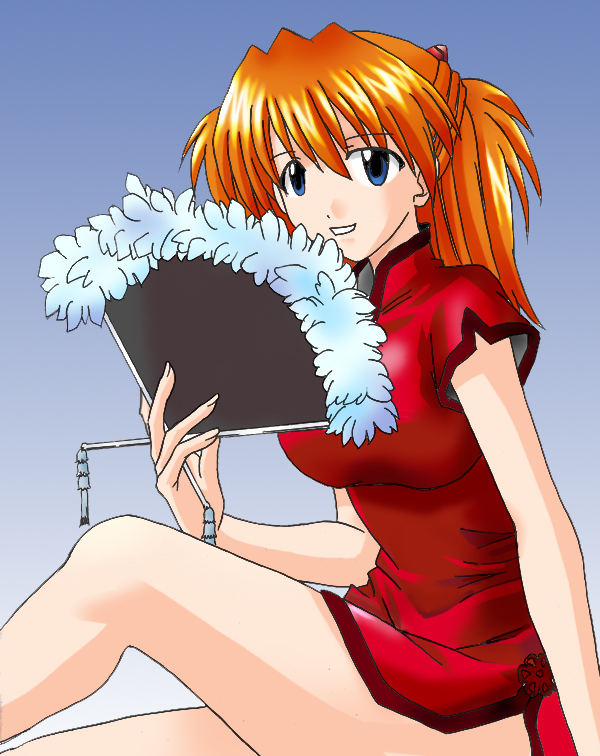souryuu asuka langley, neon genesis evangelion, 1girl, blue eyes, china dress, chinese clothes, dress, female focus, gradient background, hand fan, looking at viewer, orange hair, red dress, short dress, short sleeves, solo