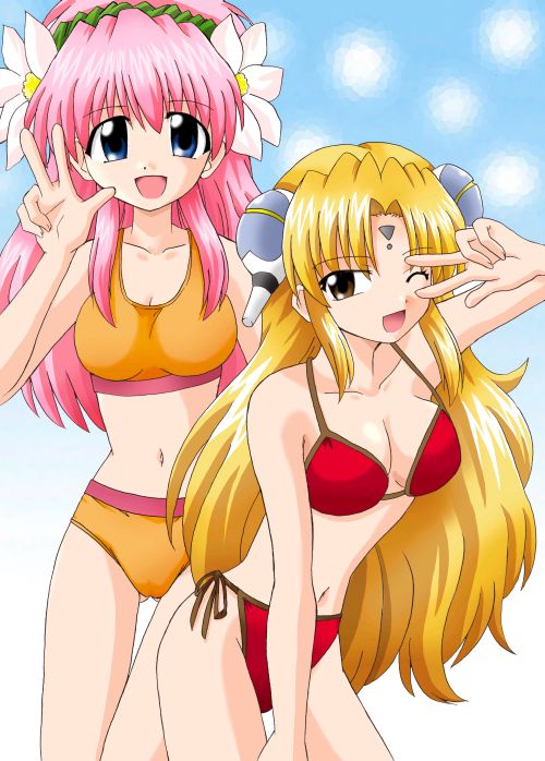 milfeulle sakuraba, ranpha franboise, galaxy angel, 00s, 2girls, bikini, blonde hair, blue eyes, brown eyes, facial mark, forehead mark, hair ornament, hairclip, long hair, looking at viewer, multiple girls, one eye closed, pink hair, side-tie bikini bottom, swimsuit, v, very long hair, wink