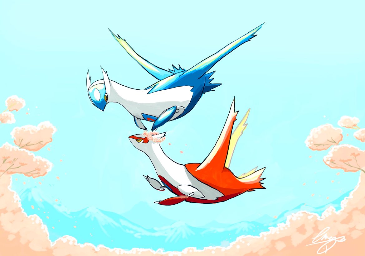 eme ko, latias, latios, nintendo, pokemon, animal focus, blue sky, claws, closed mouth, cloud, day, dragon, flower, flying, full body, gen 3 pokemon, head wreath, legendary pokemon, looking at another, no humans, outdoors, pokemon (creature), pokemon focus, sky, wings, yellow eyes