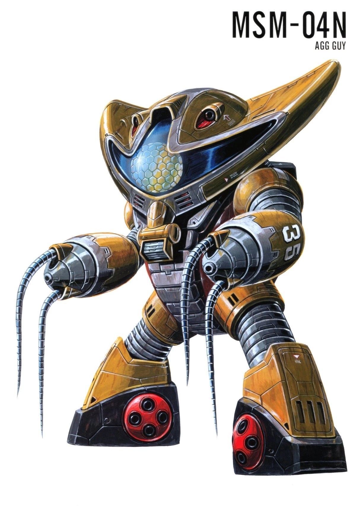 ookawara kunio, agguguy, gundam, gundam msv, 1980s (style), highres, magazine scan, official art, painting (medium), scan, traditional media, arm cannon, cable, character name, machinery, mecha, mecha focus, mobile suit, no humans, oldschool, one-eyed, realistic, retro artstyle, robot, science fiction, vernier thrusters, weapon, zeon