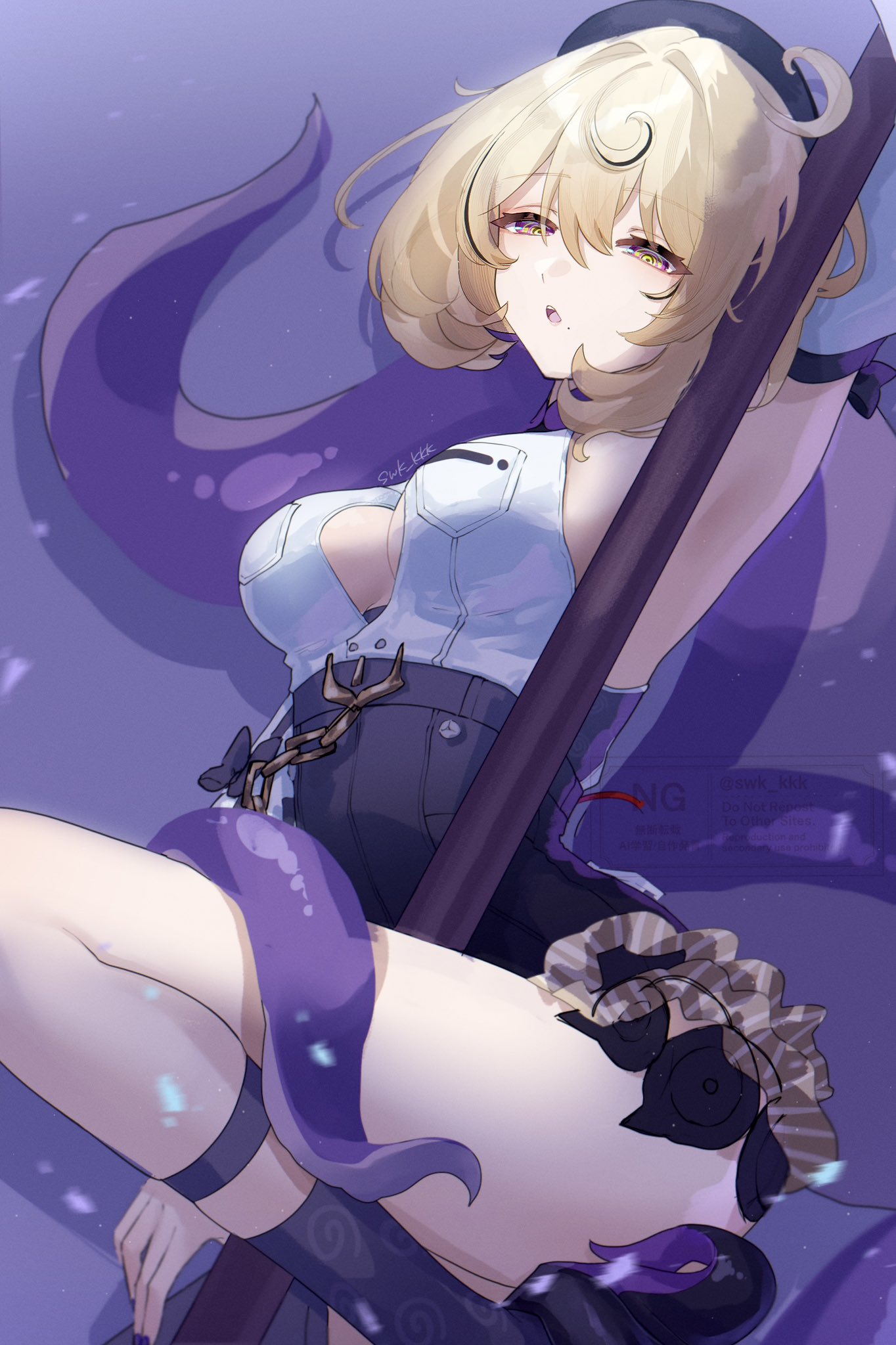 suwa (swk kkk), yidhari (zenless zone zero), zenless zone zero, commentary, hashtag-only commentary, highres, 1girl, artist name, beret, black hat, black shorts, blonde hair, breasts, hat, high-waist shorts, medium breasts, mole, mole under mouth, monster girl, open mouth, scylla, shirt, shorts, sleeveless, sleeveless shirt, solo, tentacles, white shirt, yellow eyes