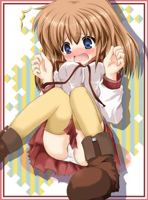 blue eyes, blush, brown hair, embarrassed, open mouth, panties, pantyshot, ribbon, school uniform, serafuku, short hair, tears, thighhighs, underwear