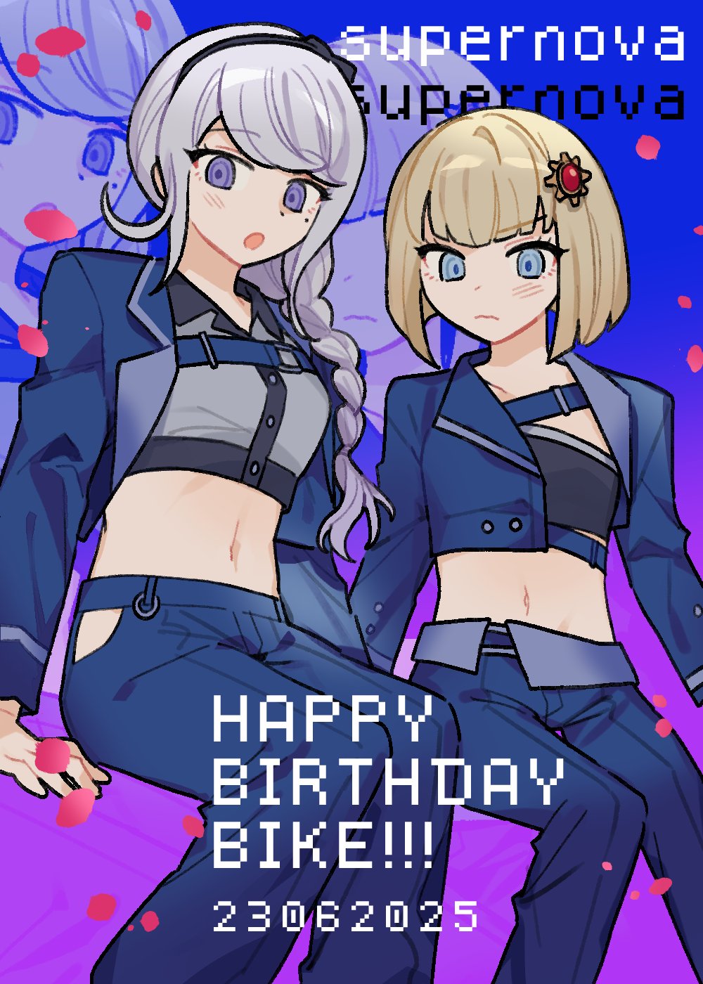 kirifuji nozomi, oosuzuki kurara, the hundred line -last defense academy-, commentary, english commentary, highres, 2girls, :o, alternate costume, black hairband, blonde hair, blue background, blue eyes, blue jacket, blue pants, braid, crop top, dated, gift art, gradient background, grey hair, hair ornament, hairband, happy birthday, invisible chair, jacket, long hair, multiple girls, no mask, pants, purple background, purple eyes, short hair, sitting, stomach, telormenggacha, zoom layer