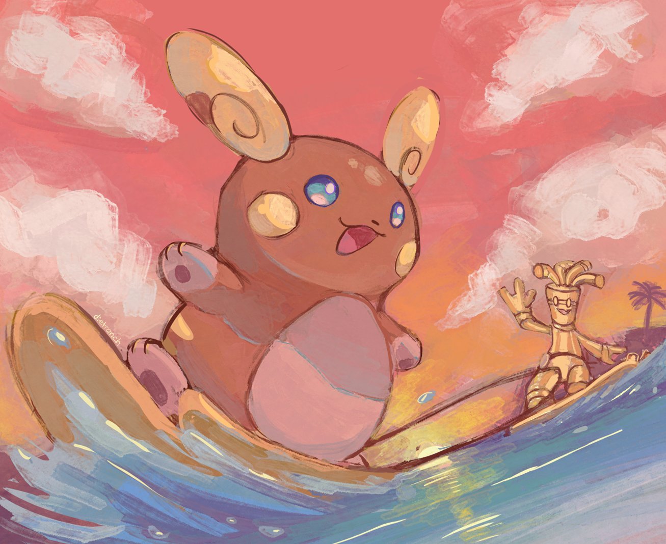 dietranch, alolan raichu, gholdengo, nintendo, pokemon, alolan form, blue eyes, cloud, full body, gen 7 pokemon, no humans, ocean, open mouth, outdoors, pink sky, pokemon (creature), pokemon focus, sky, smile, sunset, surfboard, surfing, water, waving