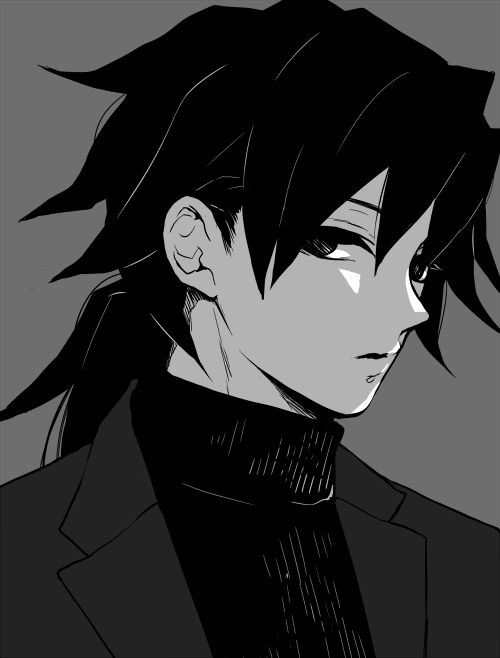 sinba (ying-hua), tomioka giyuu, kimetsu no yaiba, 1boy, black eyes, black hair, black jacket, close-up, empty eyes, grey background, greyscale, jacket, long hair, low ponytail, male focus, monochrome, open clothes, open jacket, parted lips, ponytail, simple background, solo, spiked hair, sweater, turtleneck, turtleneck sweater