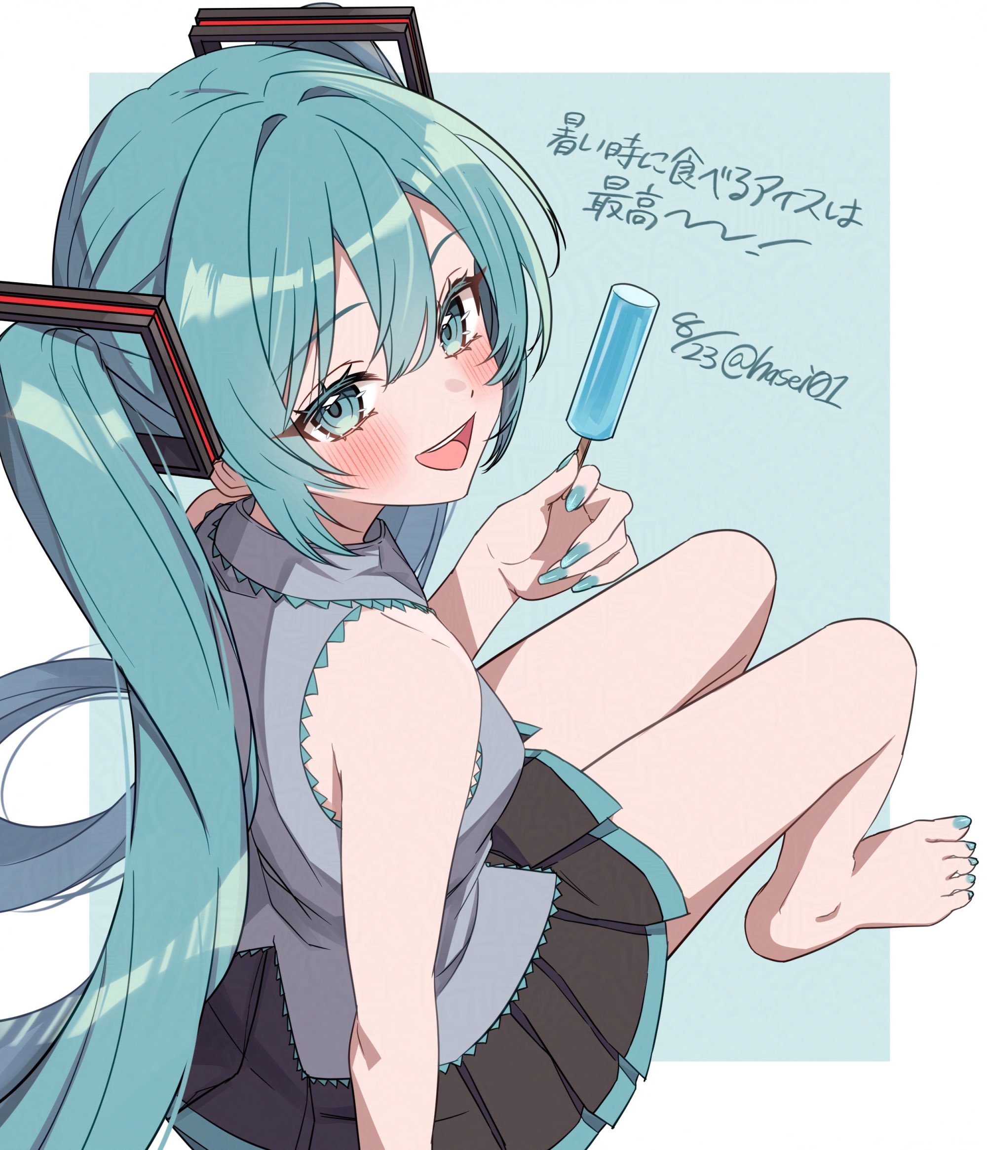 hasei (hasei01), hatsune miku, vocaloid, 1girl, aqua hair, barefoot, food, nail polish, popsicle, shirt, sleeveless, sleeveless shirt, solo