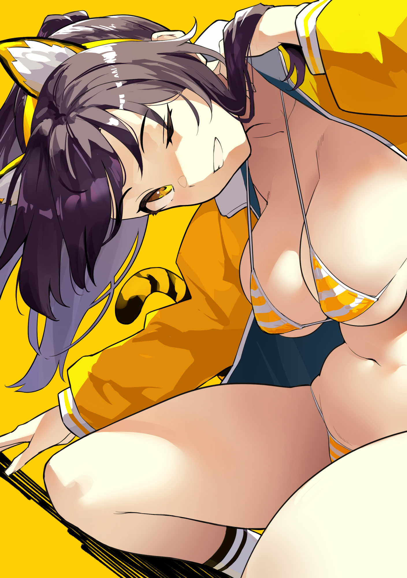 kekemotsu, original, commentary request, highres, 1girl, animal ears, bikini, black hair, breasts, cat ears, clenched teeth, closed mouth, collarbone, fake animal ears, grin, jacket, large breasts, long sleeves, looking at viewer, one eye closed, orange bikini, orange jacket, smile, solo, striped bikini, striped clothes, swimsuit, tail, teeth, yellow background, yellow eyes