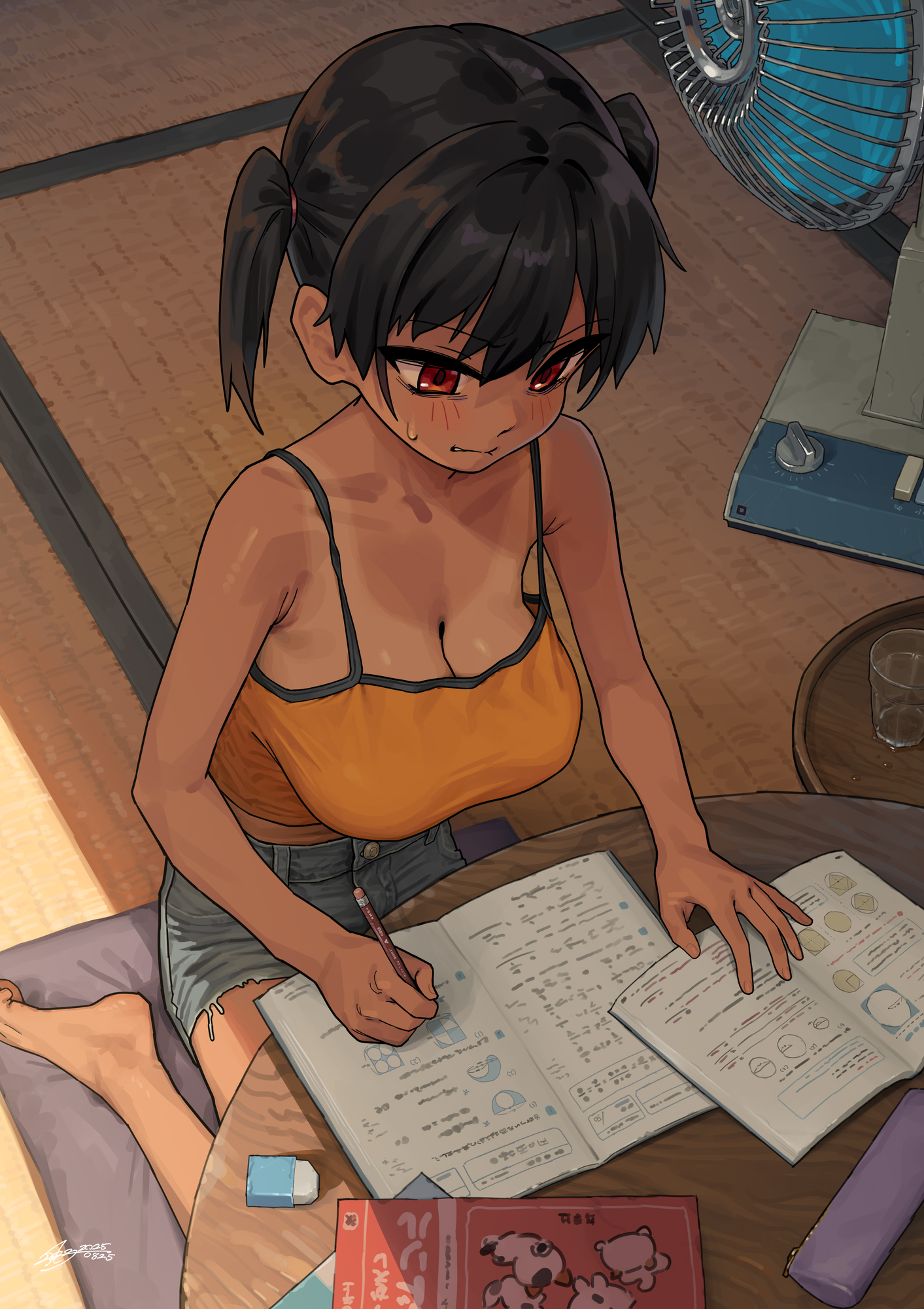 kaedeko (kaedelic), sasaki kanna, gaki kyonyuu, commentary request, highres, 1girl, black hair, blush, breasts, camisole, cleavage, closed mouth, collarbone, cup, dated, electric fan, grey shorts, holding, holding pen, large breasts, one-piece tan, oppai loli, orange camisole, pen, red eyes, shorts, signature, sitting, solo, tan, tanline, twintails, writing