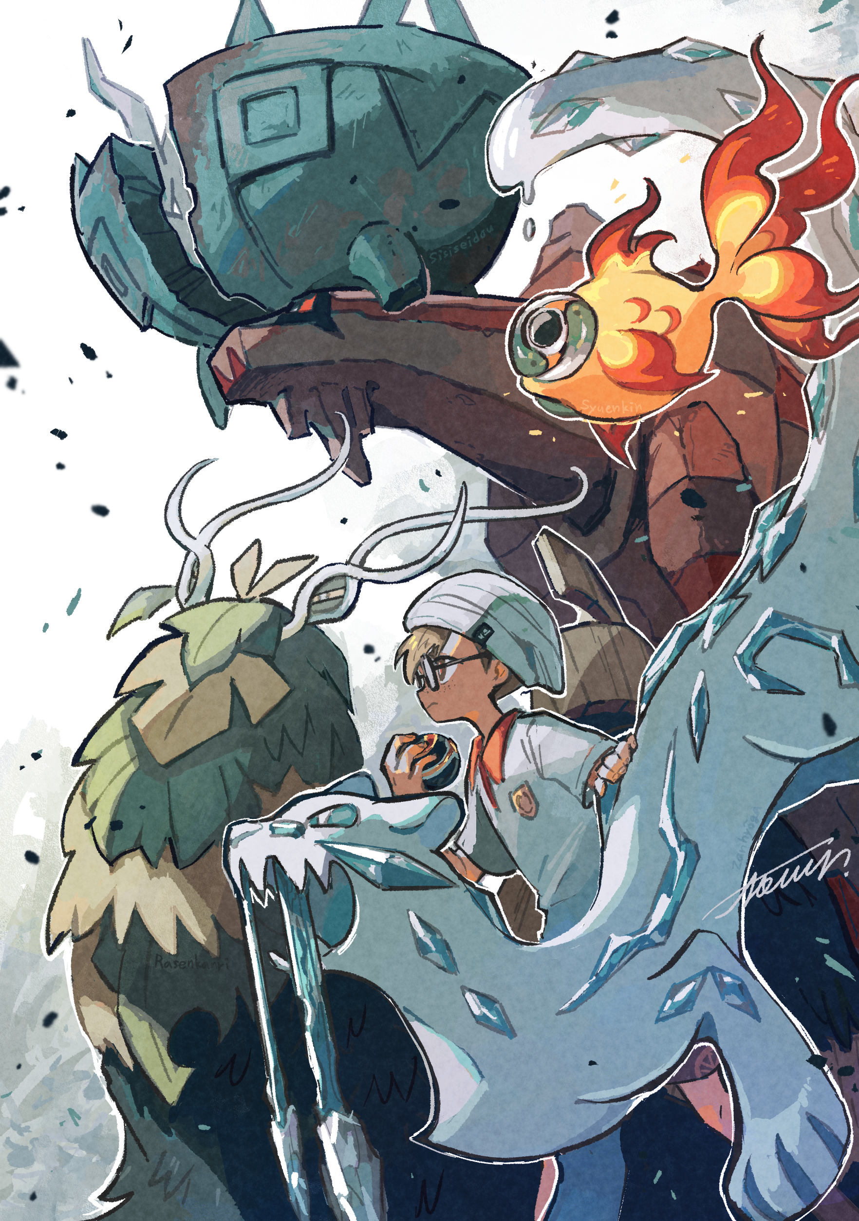 ototoi (eevees813), chi-yu (pokemon), chien-pao, ting-lu (pokemon), wo-chien, nintendo, pokemon, pokemon sv, absurdres, commentary request, highres, 1boy, beanie, blonde hair, closed mouth, collared shirt, floating, glasses, hat, holding, holding poke ball, luxury ball, naranja academy school uniform, narrowed eyes, open mouth, poke ball, pokemon (creature), school uniform, shirt, short hair, short sleeves, signature, white hat, white shirt