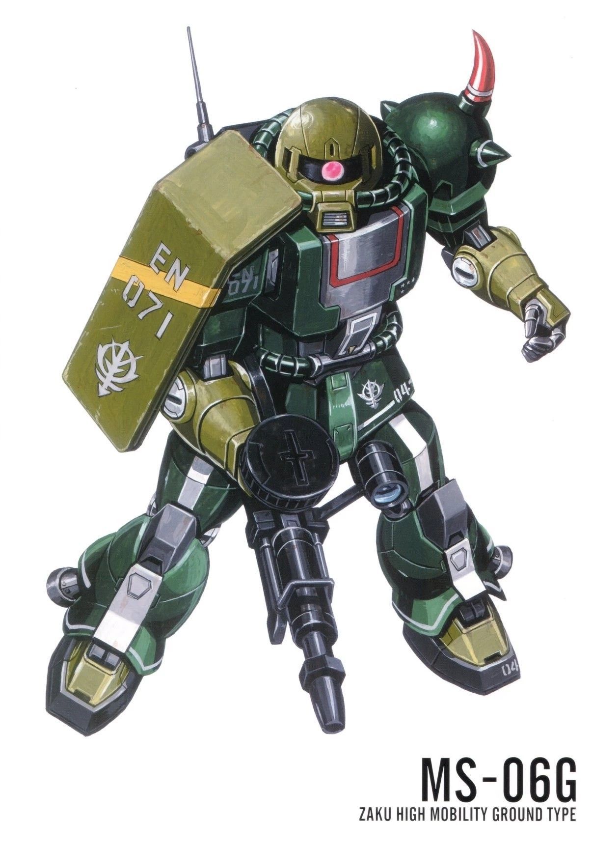 ookawara kunio, zaku ii, gundam, gundam msv, 1980s (style), highres, magazine scan, official art, painting (medium), scan, traditional media, cable, character name, gun, machine gun, machinery, mecha, mecha focus, mobile suit, no humans, oldschool, one-eyed, radio antenna, realistic, retro artstyle, robot, roundel, science fiction, scope, shield, shoulder spikes, spikes, vernier thrusters, weapon, white background, zaku ii hmt, zeon