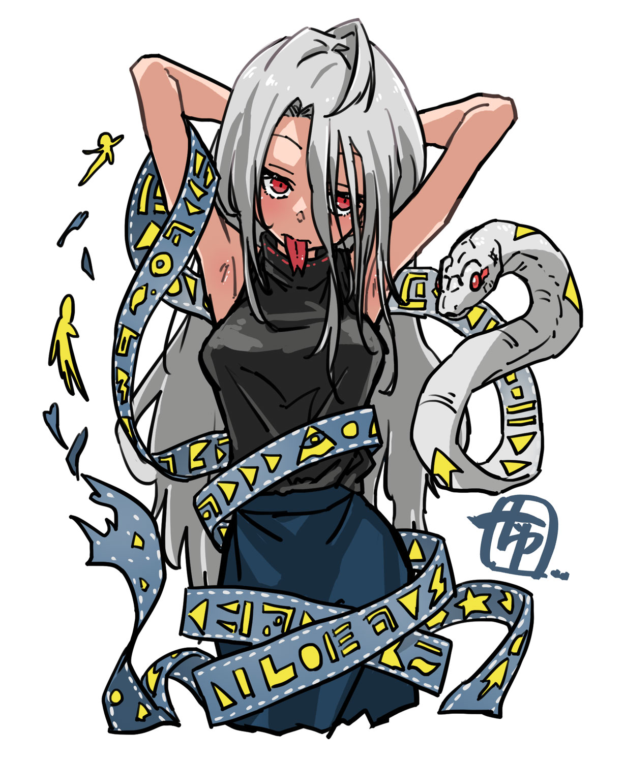 chiwa (fcwv5738), yuiman asama, touhou, highres, 1girl, arms behind head, black shirt, blue skirt, breasts, cowboy shot, eye of providence, grey hair, hair between eyes, long hair, long hair between eyes, looking at viewer, medium breasts, play button, red eyes, ribbon around body, shirt, simple background, skirt, snake, solo, tongue, tongue out, white background