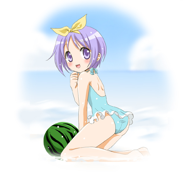 sinko (sinsin), hiiragi tsukasa, lucky star, 00s, 1girl, female focus, food, fruit, holding, holding food, holding fruit, holding watermelon, one-piece swimsuit, solo, swimsuit, watermelon