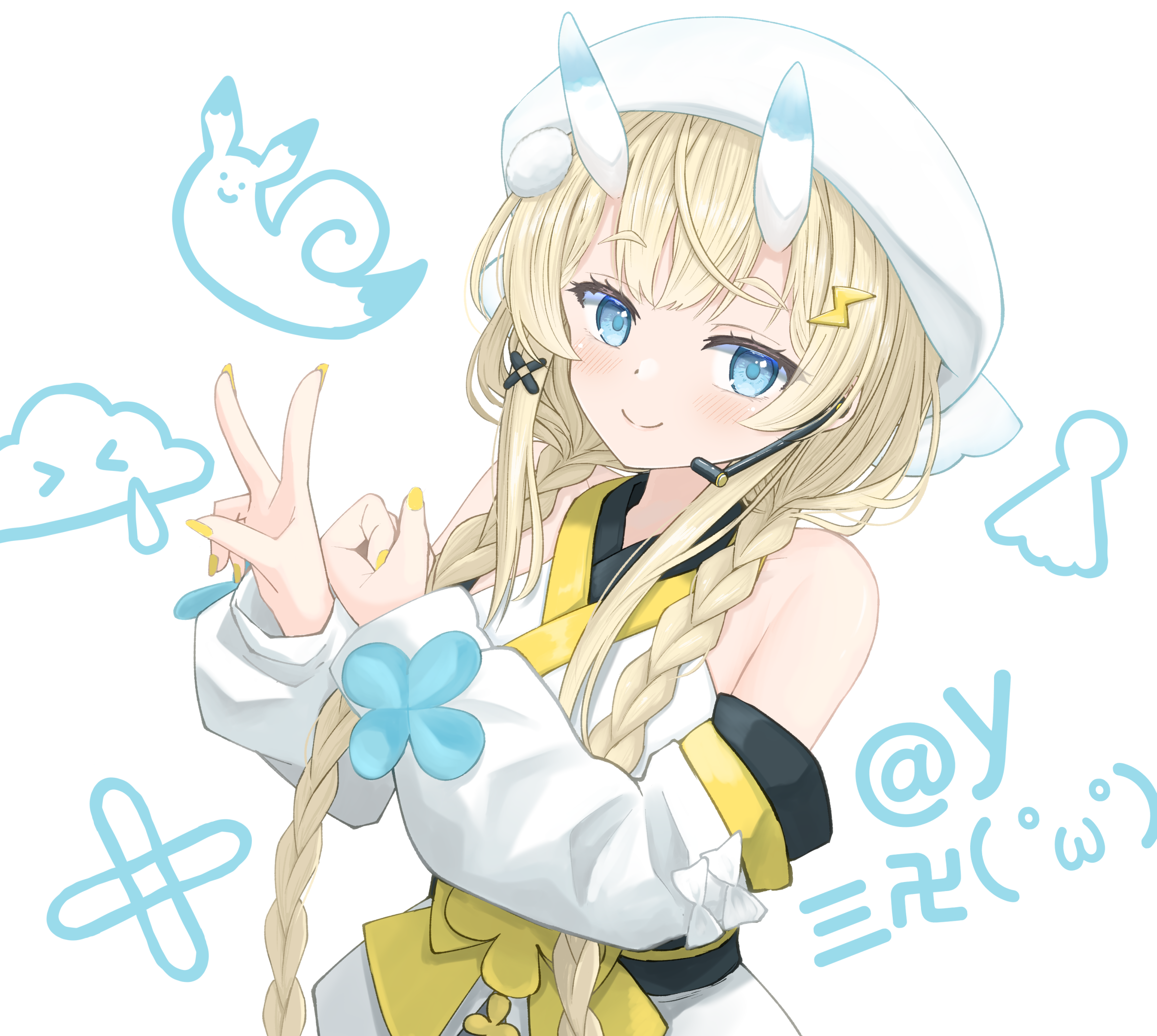 imori neko, kadou mikaru, nijisanji, highres, 1girl, ascii art, bare shoulders, blonde hair, blue eyes, blue horns, blush, bow, braid, clenched hand, closed mouth, detached sleeves, hair ornament, hair over breasts, hair over shoulder, hat, headset, horns, japanese clothes, kimono, lightning bolt, lightning bolt hair ornament, lightning bolt symbol, long sleeves, low twin braids, multicolored horns, obi, obi bow, obijime, pom pom (clothes), pom pom hair ornament, puffy long sleeves, puffy sleeves, sash, sidelocks, simple background, smile, snail, solo, teruterubouzu, twin braids, two-tone horns, upper body, v, virtual youtuber, white background, white bow, white hat, white horns, white kimono, x hair ornament, yellow bow