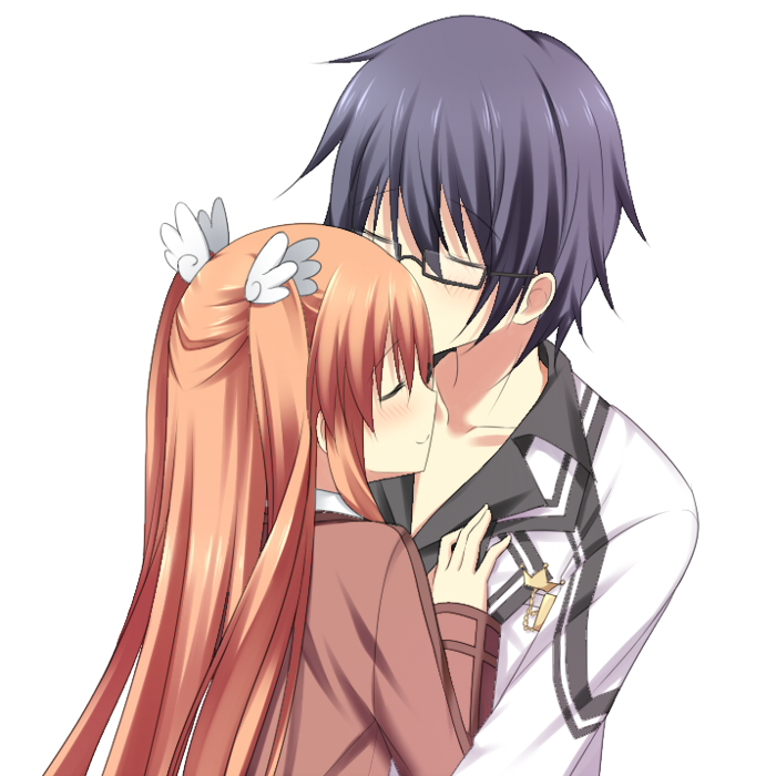 korokoro cat, ootori chihaya, ootori sakuya, rewrite, commentary request, jpeg artifacts, 1boy, 1girl, black-framed eyewear, black hair, blush, brother and sister, closed eyes, closed mouth, collarbone, glasses, hair ornament, hug, jacket, kazamatsuri institute high school uniform, kiss, kissing forehead, long hair, long sleeves, orange hair, profile, school uniform, semi-rimless eyewear, short hair, siblings, sidelocks, simple background, smile, spiked hair, straight hair, two side up, upper body, white background, white jacket, wing hair ornament